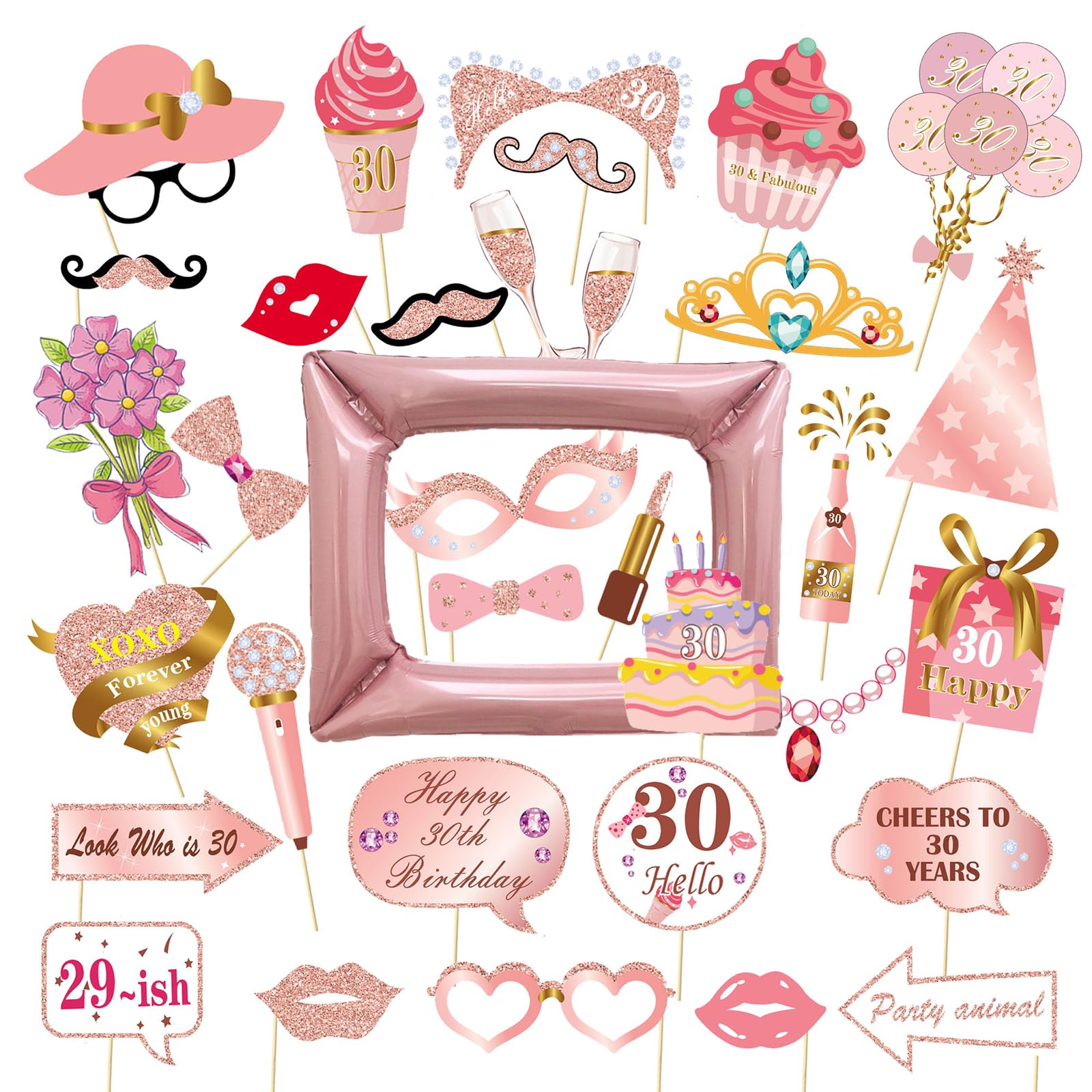 Veroa Women's Rose Gold 30Th 34 Pcs 30Th Birthday Party Photo Booth Props, Men Rose Gold Photo Booth Frame Suitable Holiday Party Supplies Theme Inflatable Photo Booth Frame
