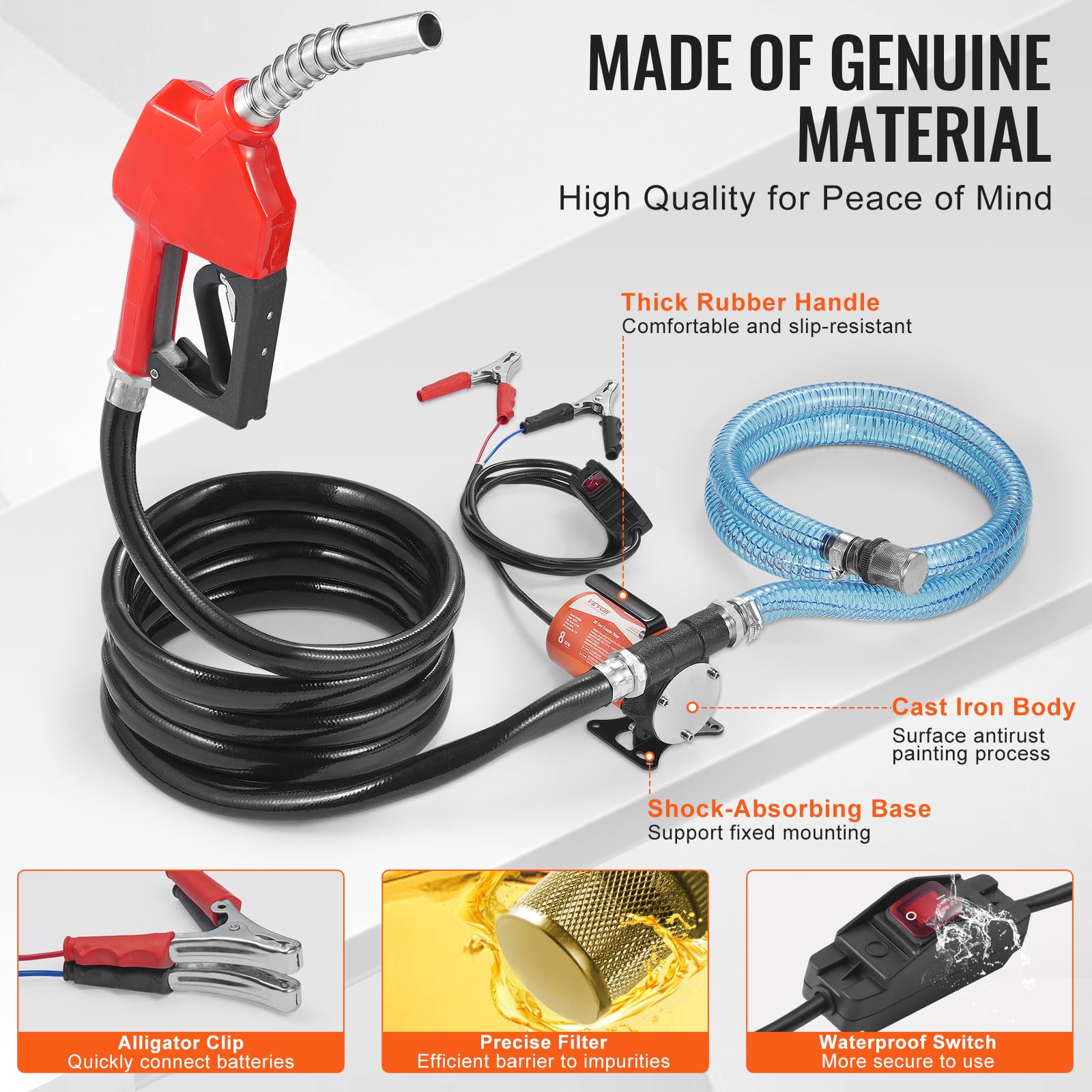 VEVOR Pompa oleju napędowego, 12 V DC, 8 GPM, 1/6 KM, pompa oleju opałowego z automatycznym wyłączeniem pistoletu, pompa przelewowa, długi wąż wlotowy i wylotowy do benzyny, oleju napędowego, nafty