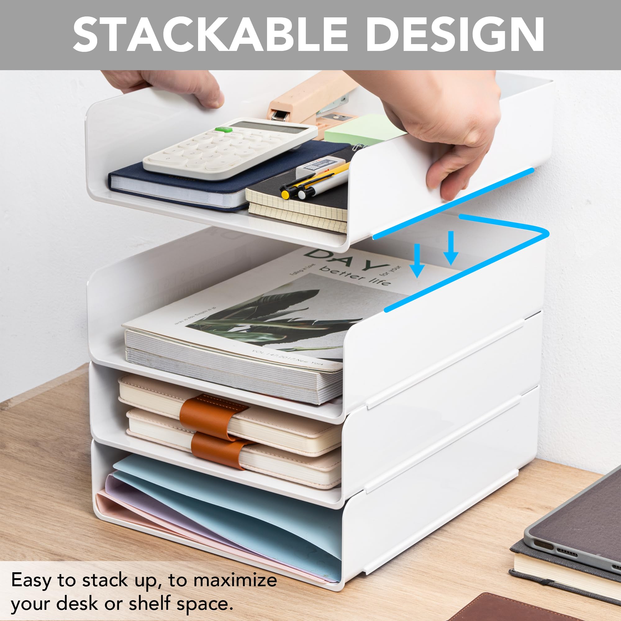 Organizer da scrivania, organizer per ufficio e archiviazione, vassoio per lettere in plastica, organizer impilabile per classe, casa, documenti, appunti, cartelle, libri e penne, 4 ripiani