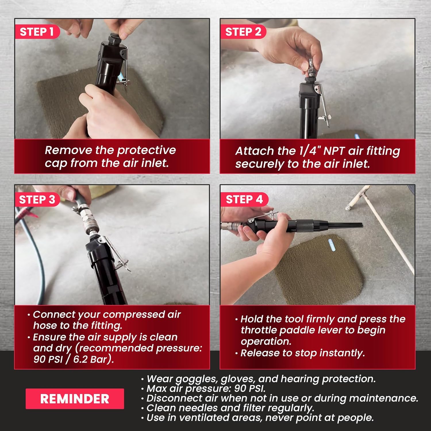 Compact Air Needle Scaler, Rust Remover Tool Needle Scaler Air Tool, Pneumatic Rust Paint Weld Slag Remover Cleaner, with 12 Needles, Includes 1/4" NPT Air Hose Fitting