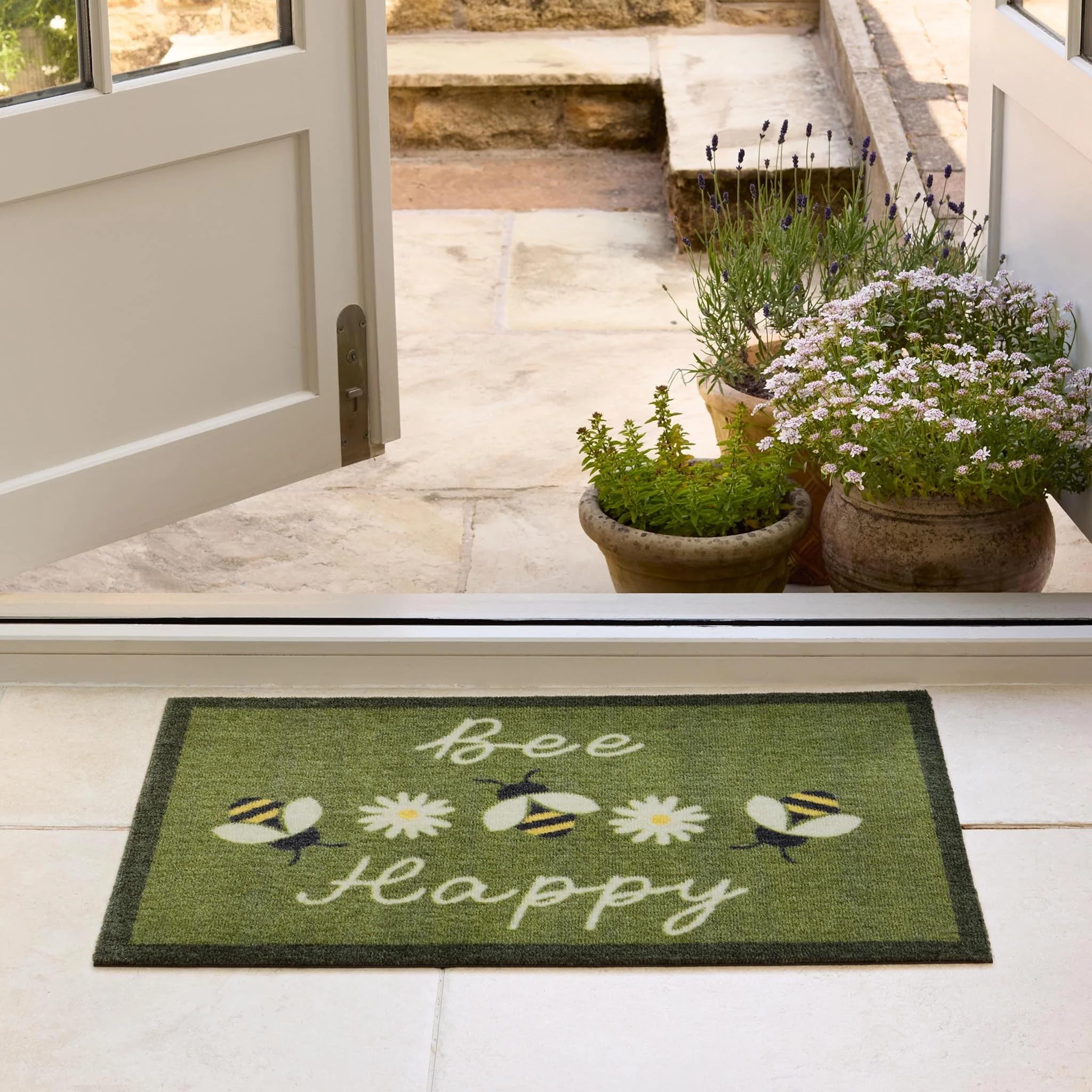 Lord of Rugs Washable Entryway Non-Slip Mat for Home Entrance Rug, Hallway Runner, Bathroom or Kitchen Easy Clean Durable Absorbent Stain Resistant Mud Mat Green Daisy Bee, 50 x 75 cm (2'x2'5")