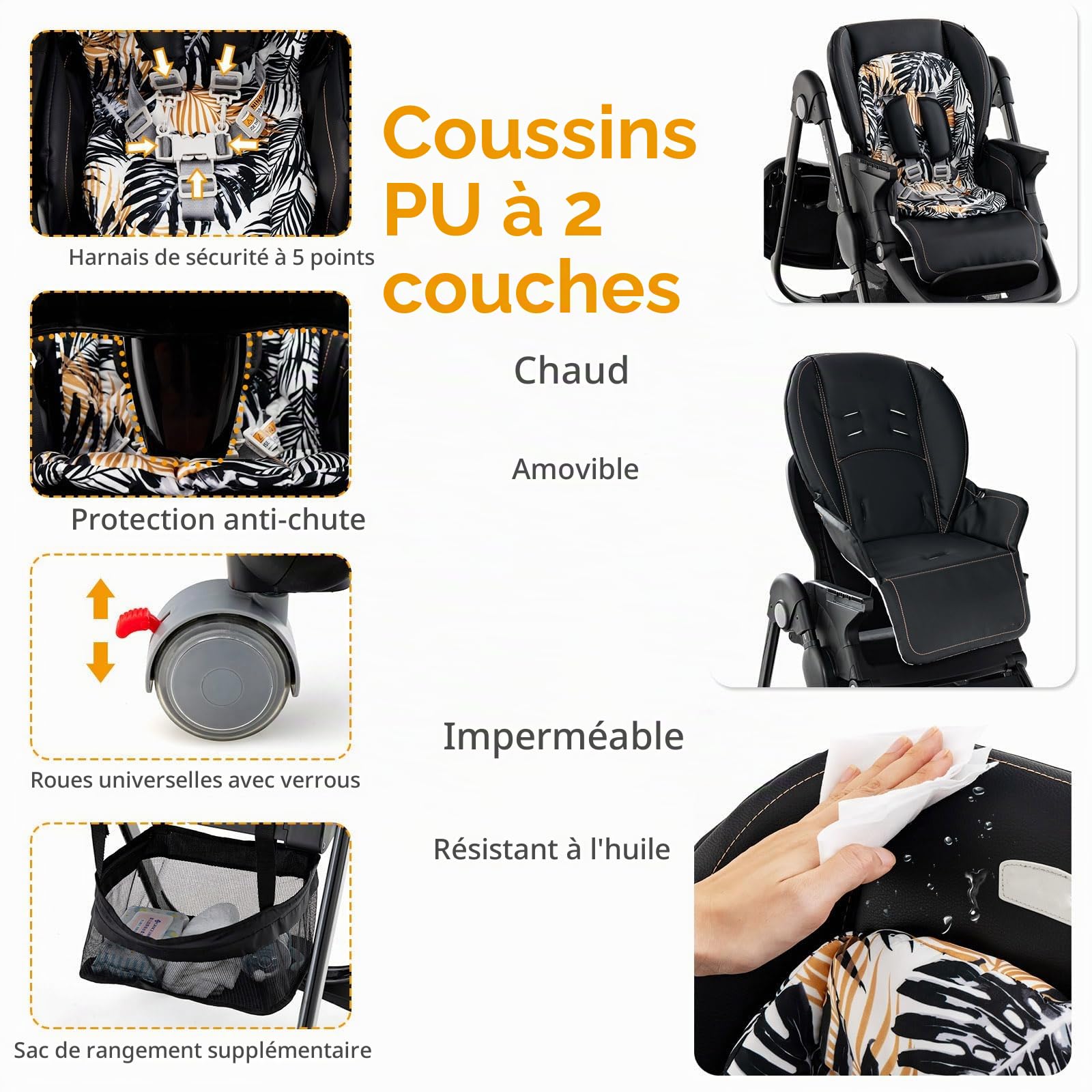 LIFEZEAL Chaise Haute Bébé Pliable avec Hauteur Réglable à 7 Positions, Dossier Inclinable, Chaise Haute Bebe Evolutive avec Coussin Confort, Double Plateau, Cardans, 6-36 mois,Charge 15 kg (Noir)