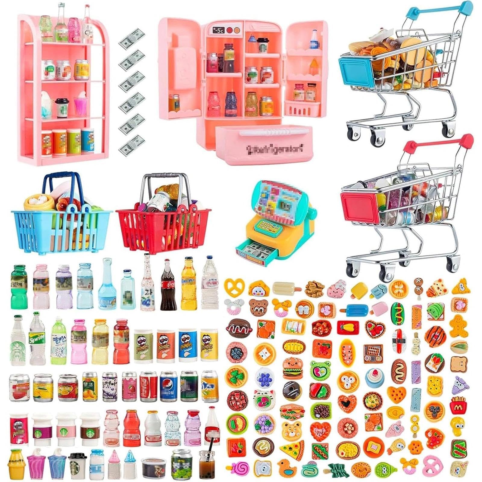 164Pcs Mini Shopping Cart Basket Miniature Food Drink Toy Supermarket Metal Handcart Trolley DollHouse Store Grocery Accessories Kitchen Play Game Party Model Shelves Cash Register Refrigerator Fridge
