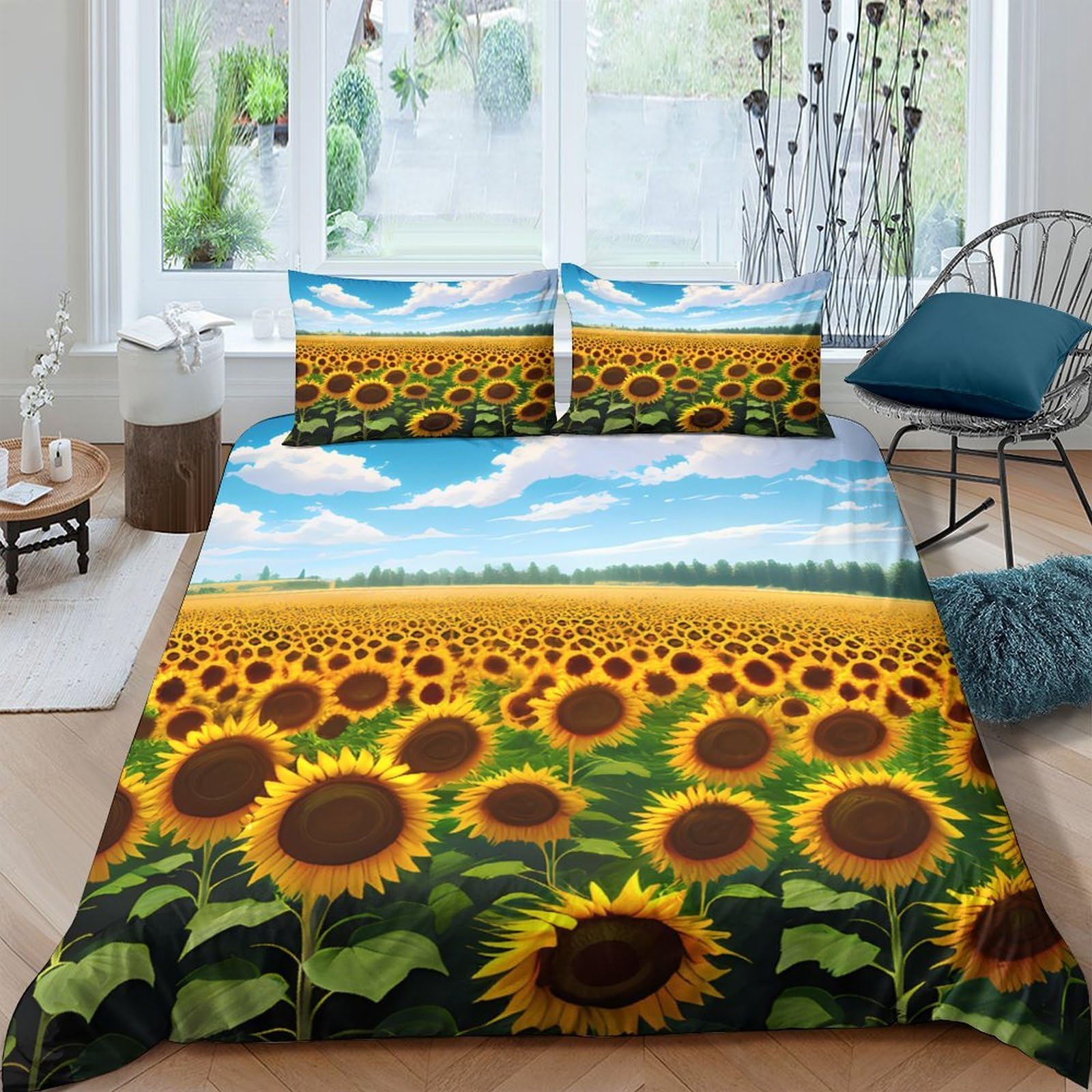 Ctjqhvkz Style-7 3D Printed Sunflower Field Fitted Sheet Microfiber Soft Yellow Floral Bed Cover For Bedroom Dorm Mattress Decor Single（135X200cm）