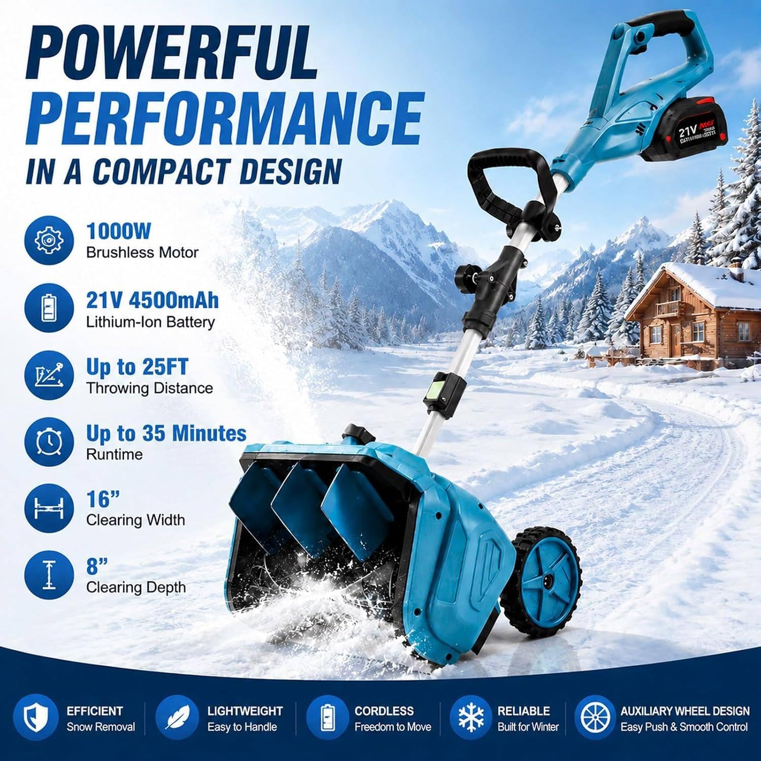 Pelle à Neige sans Fil, Souffleuse à Neige Électrique avec Roues