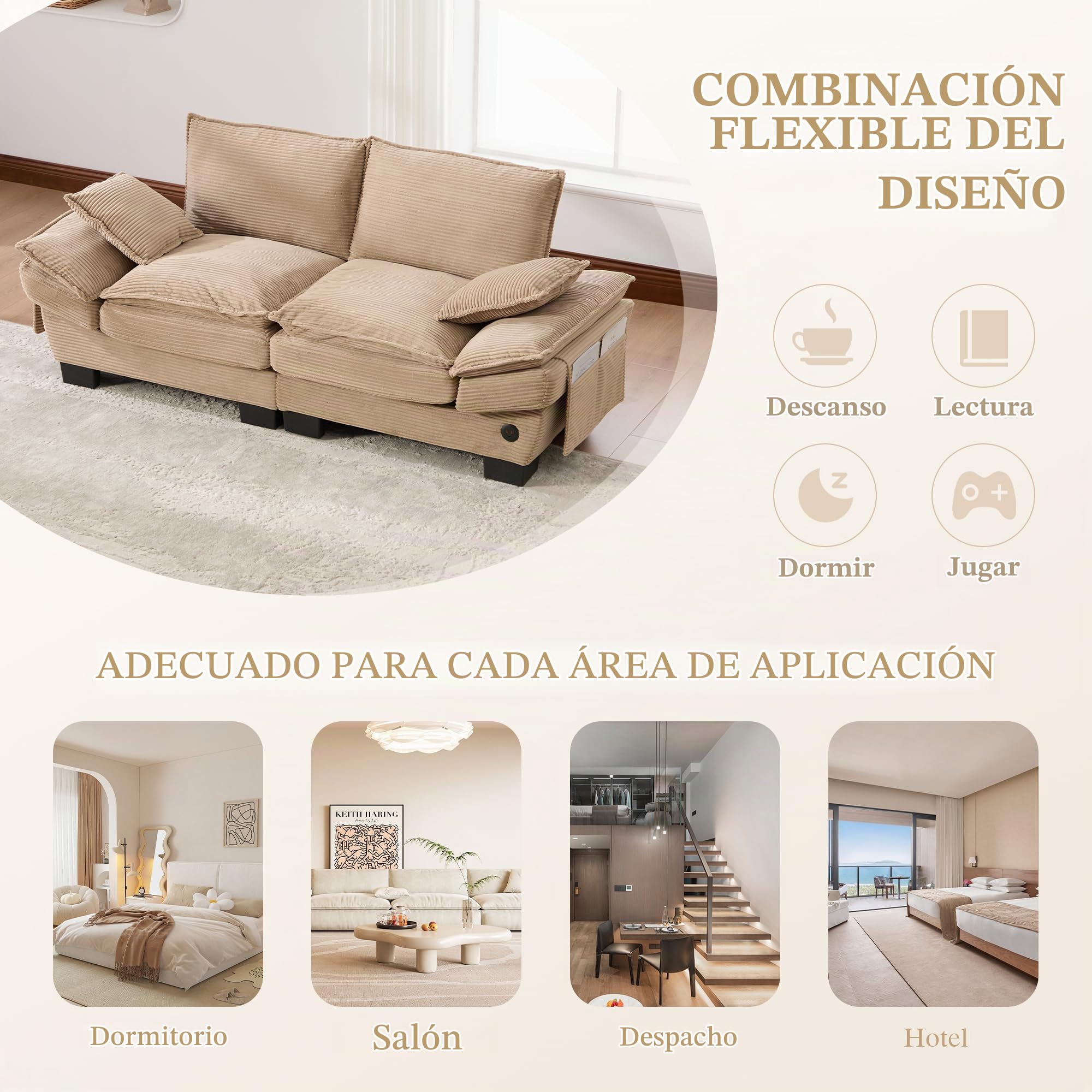 Sofá Cama con Respaldo y Almohada para Salón, Sofá Doble con Cómodos Cojines y Reposabrazos, Sofás con Bolsillos Laterales para Dormitorio Apartamento, Sofás Modular, Pana (Caqui)