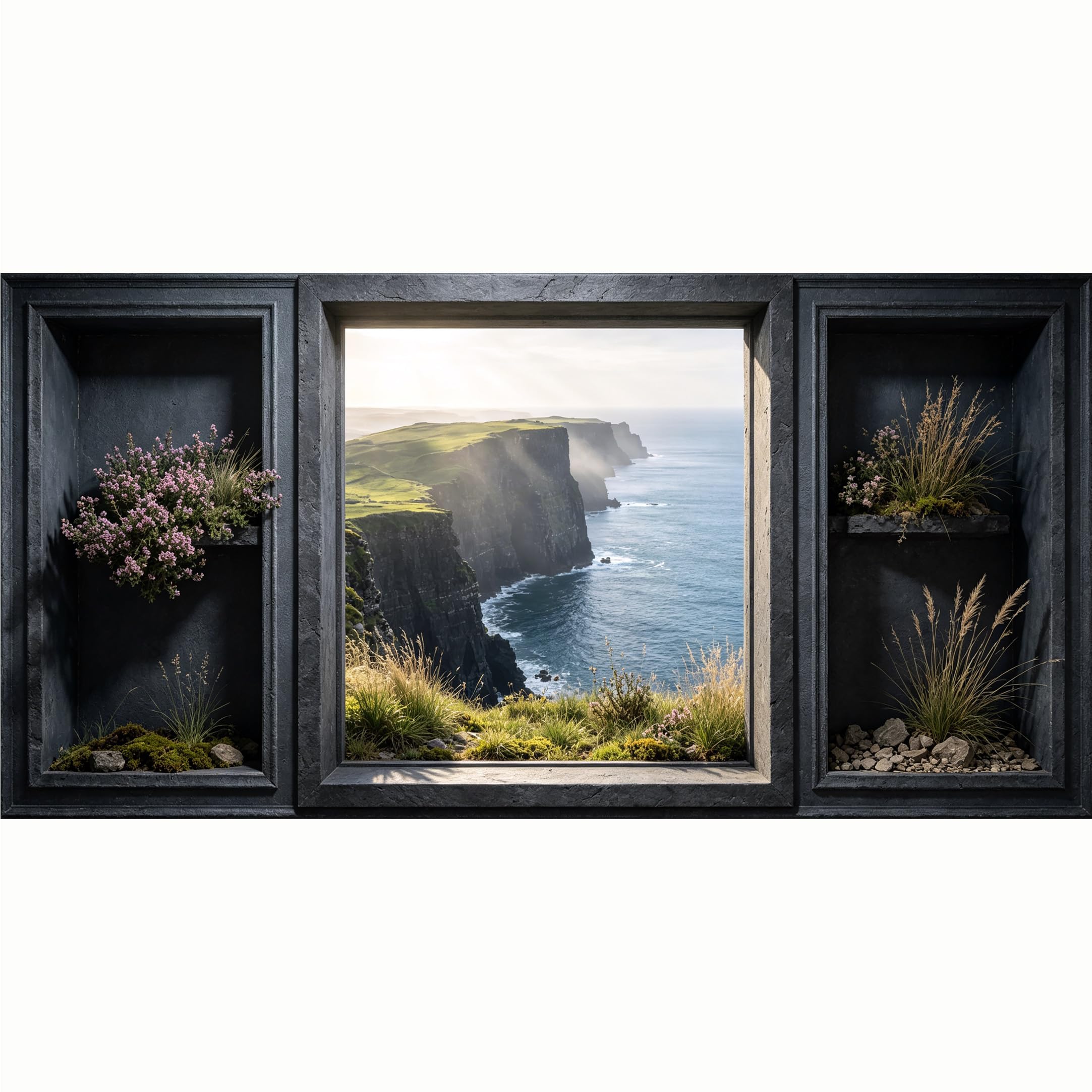 QZLITHOTIC 50x100cm 3D Framed Wall Art， Coastal Cliff Ocean View Landscape Self‑Adhesive Mural， Water‑Activated Peel & Stick Fabric Decor Wall Decal for Bedroom Living Room
