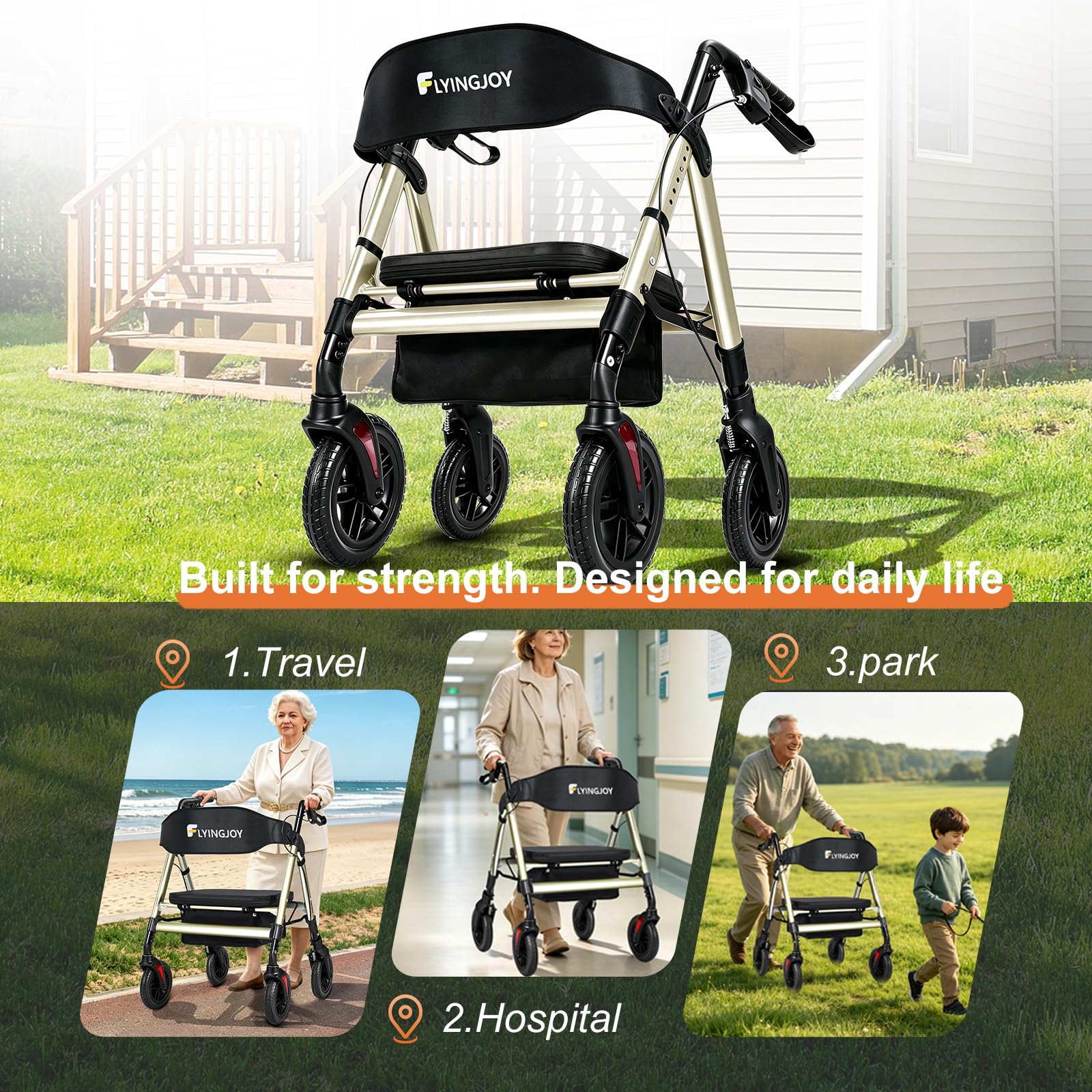 Andador rodante resistente con asiento, plegable bariátrico con ruedas grandes de 8 pulgadas, soporta hasta 450 libras, champán