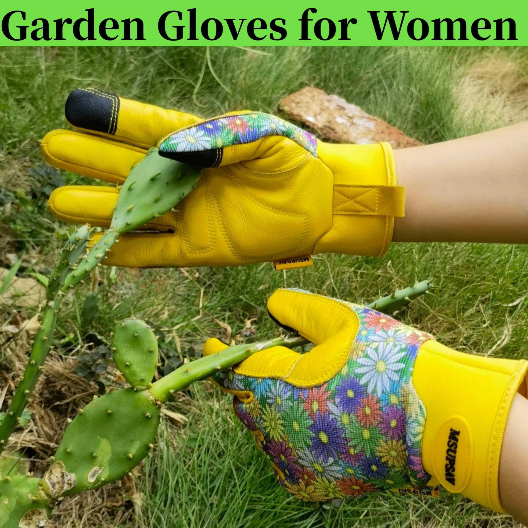 2 Paar Gartenhandschuhe, Rindsleder, Gartenhandschuhe, multifunktionale Outdoor-Gartenarbeitshandschuhe für Männer und Frauen, Geschenke, bunte Blumen, Größe M