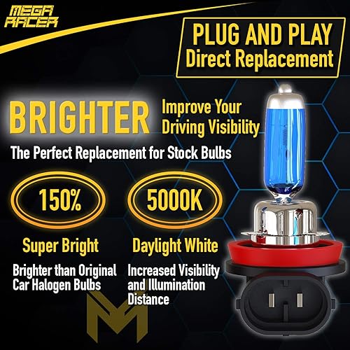 Miniatura 3 de Mega Racer Paquete de 4 bombillas H11 para faros delanteros, súper blanco, 5000 K, xenón, lámpara halógena, bombilla de repuesto OEM