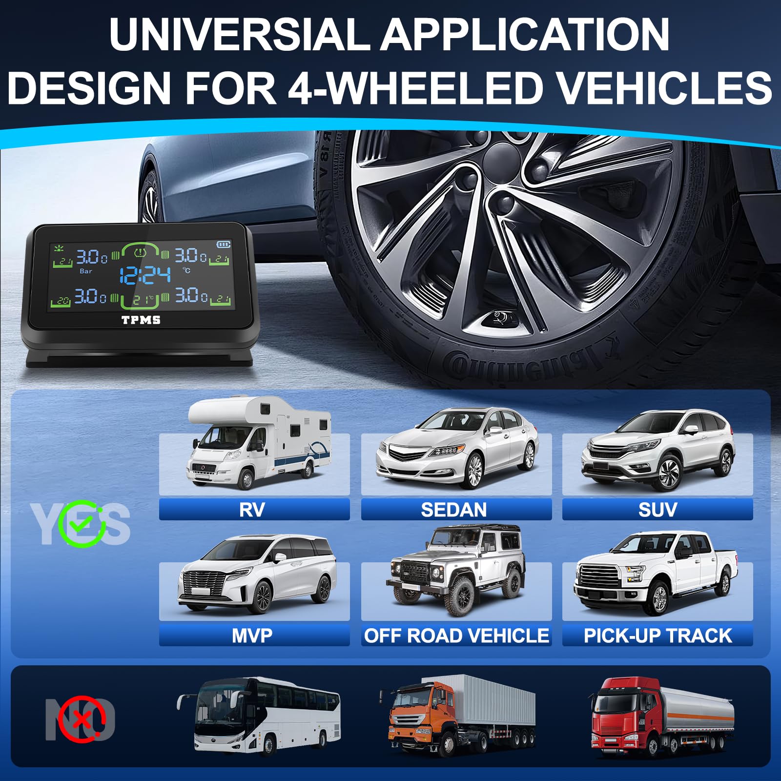 Sistema Sensori di Monitoraggio della Pressione con Indicatore dell'Ora | TPMS Auto con Ricarica Solare/USB, Sistema Sensori di Monitoraggio della Pressione degli Pneumatici con 4 Sensori Esterni