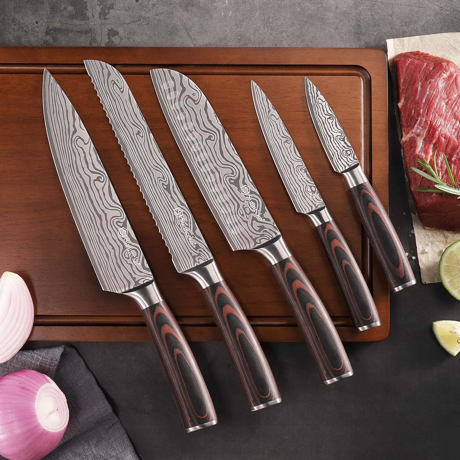 Sunnecko Set Couteau Cuisine Professionnel - Couteaux de Cuisine Japonais 5 Pièces en Acier Inox Lasé, Couteau Office Chef Santoku Pain Légume