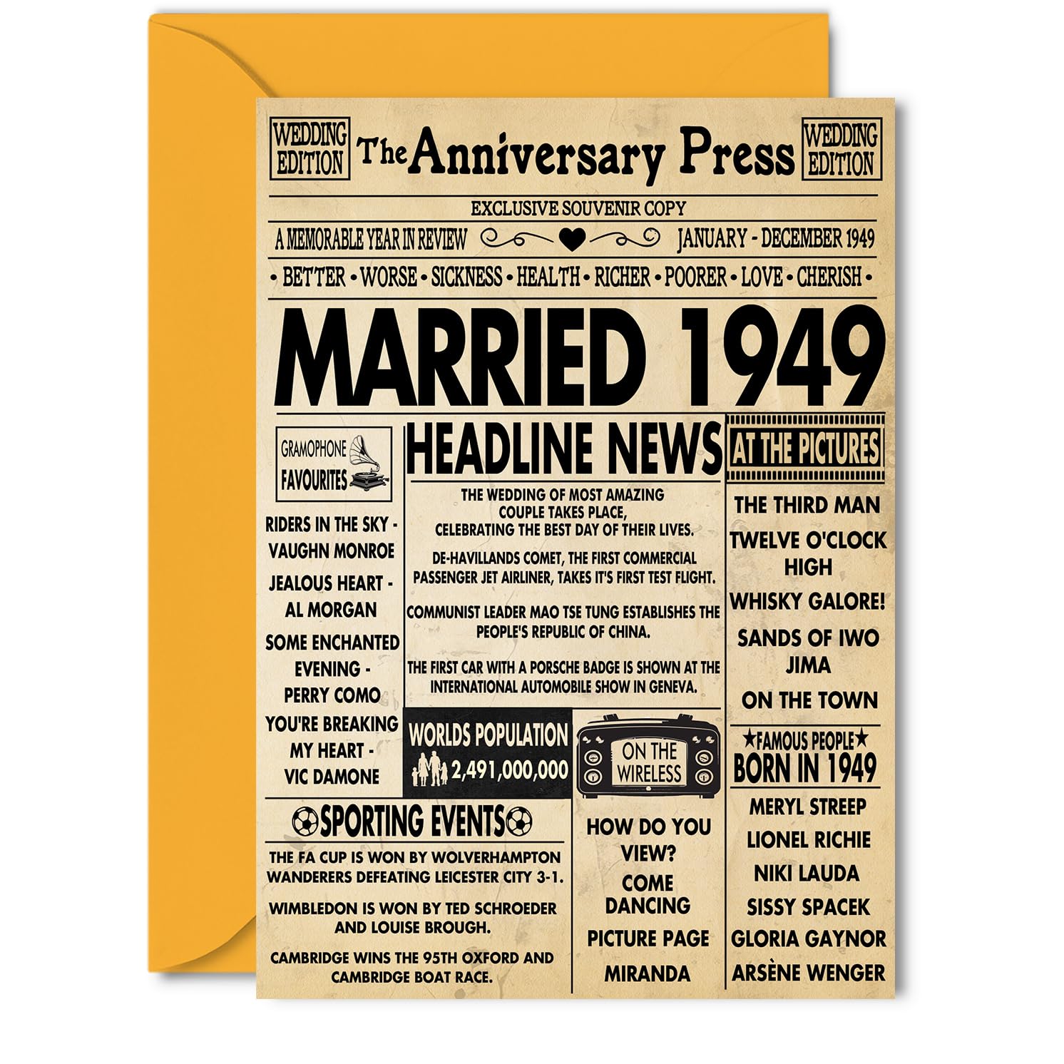 77th Anniversary Cards for Men Women - Married 1949 Newspaper - 77 Wedding Anniversary Card for Husband Wife Grandma Grandad Nan Vintage Retro 1949, 5x7 Inch Greeting Cards