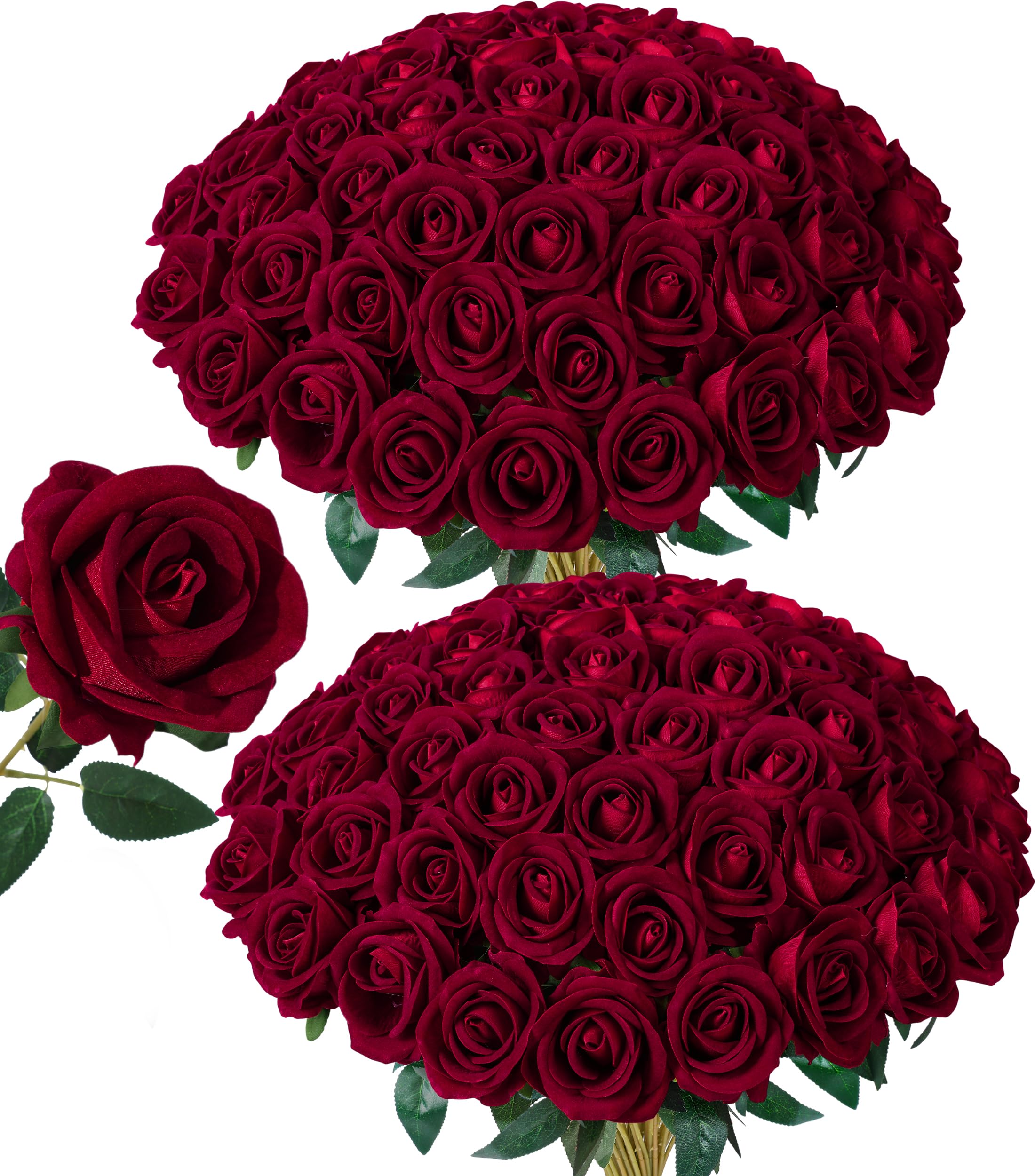 Photo 1 of 50 PCS Burgundy Roses Artificial Flowers, Fake Roses with Stem Realistic Silk Roses for DIY Wedding Bouquets Table Centerpieces Arrangements Baby Shower Birthday Home Decor Valentines Day Gift for Her