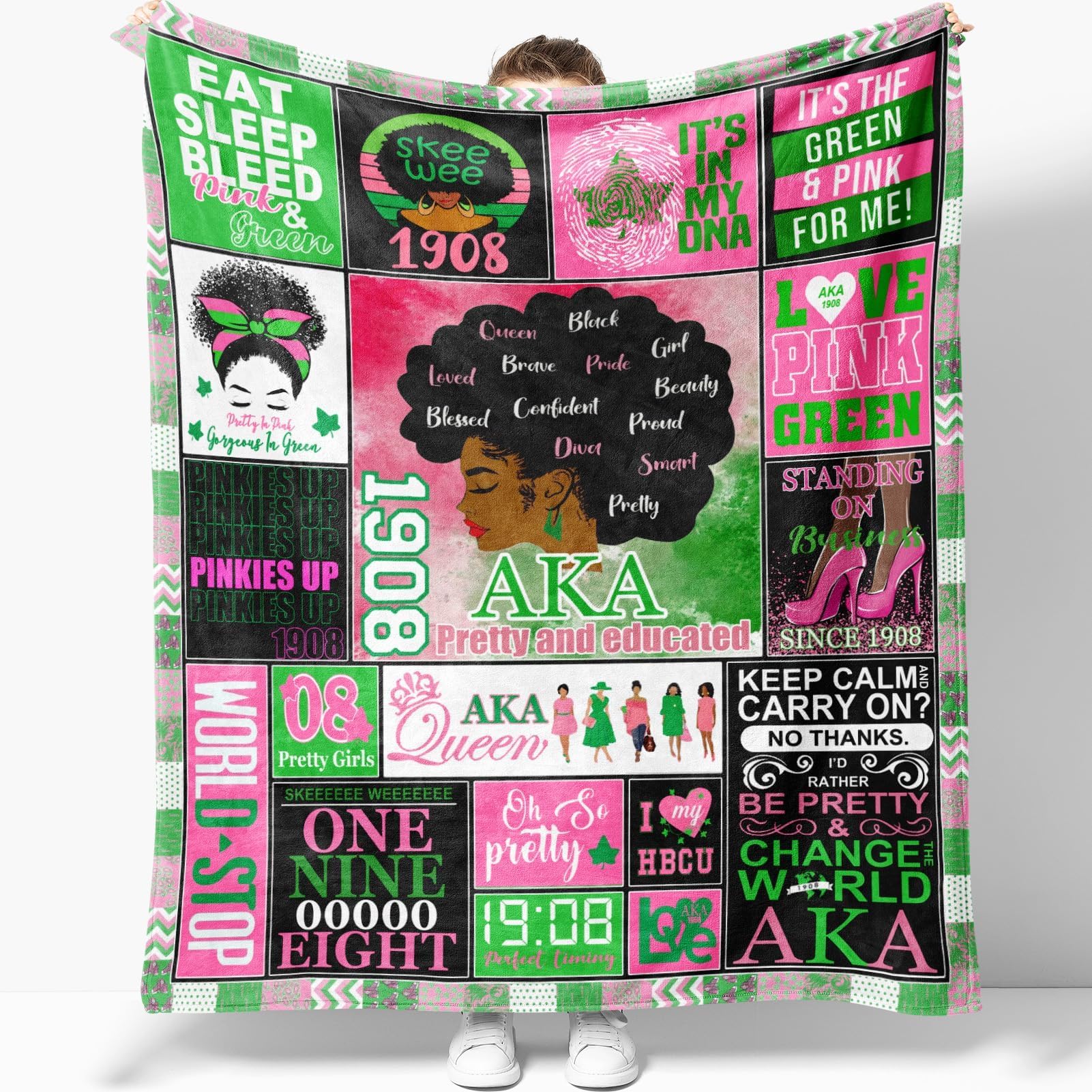 SoroCradle 1908 Pink & Green Throw Blanket - Perfect Sisterhood Gift for Sorority Girls, Ideal Birthday Present for Women & African American Sisters (