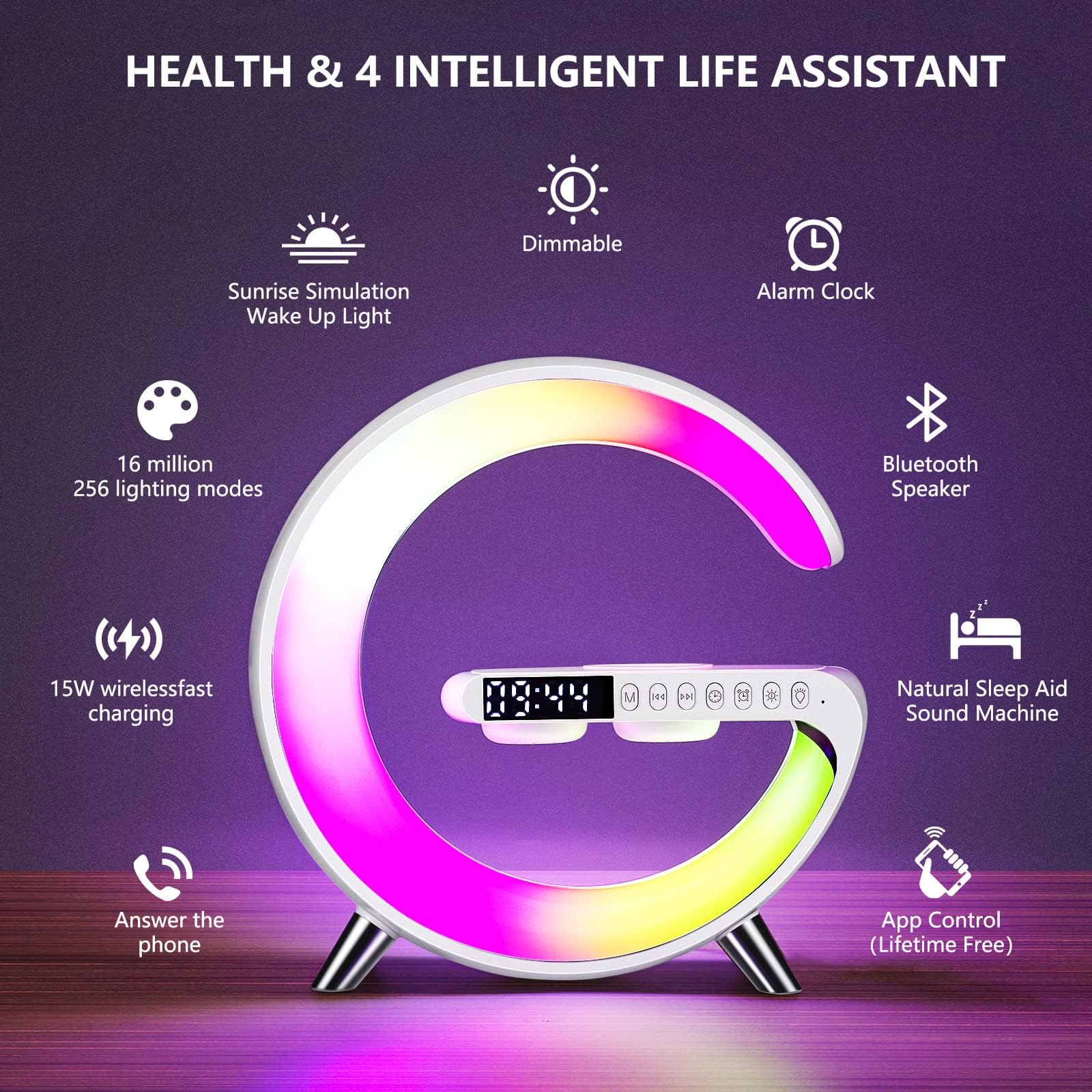 Lampada da Tavolo a LED intelligente, per Atmosfera con Caricabatterie Senza Fili Altoparlante Bluetooth Luce Notturna Dimmerabile con Sincronizzazione Musicale (Bianco)