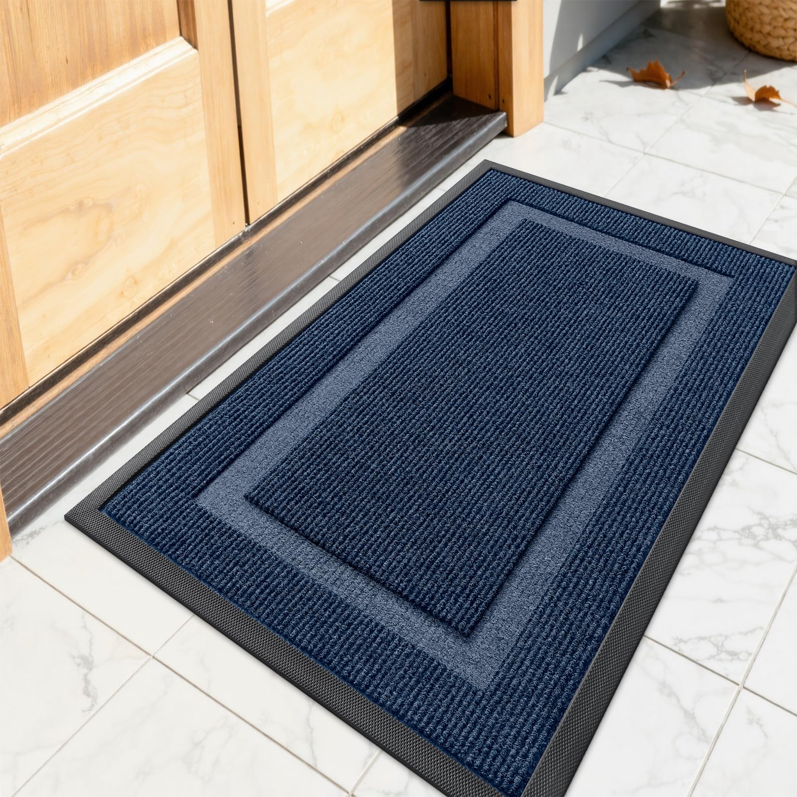 OLANLY Front Door Mat 23.5x15.5, All-Season Heavy-Duty Rubber Doormat | Blue, Absorbent, Stain and Fade Resistant, Waterproof Non-Slip Backing, Low-Profile Indoor Outdoor Floor Mat for Entryway