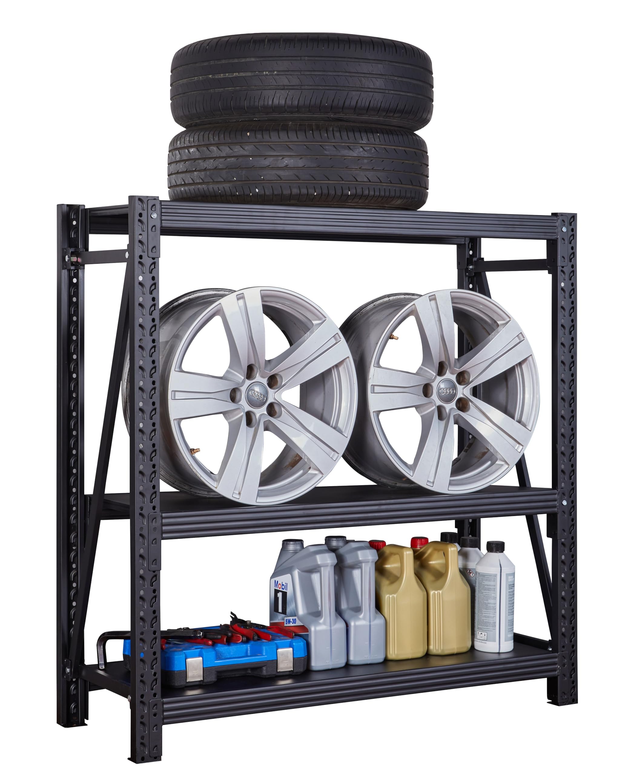 Scaffalatura per garage, scaffale industriale a 3 livelli, scaffale regolabile per magazzino, resistente, per cantina e supermercato (N120, nero)