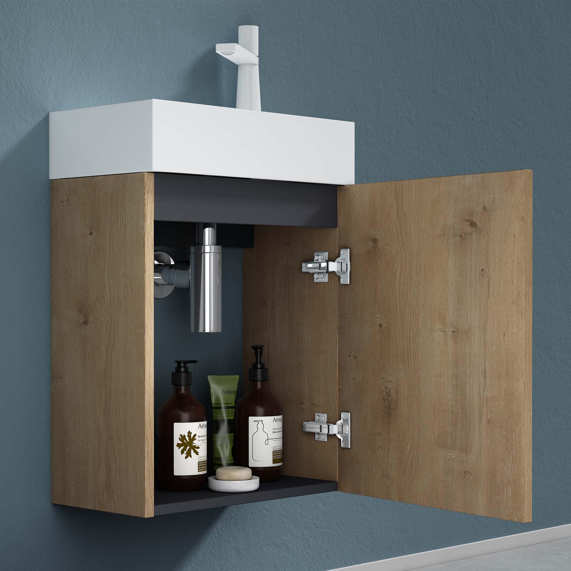 doporro Mobile Bagno Sospeso 46cm Marrone Chiaro, Mobile Sottolavabo per WC Ospiti con Lavabo in Marmoresina Bianco, Pisa