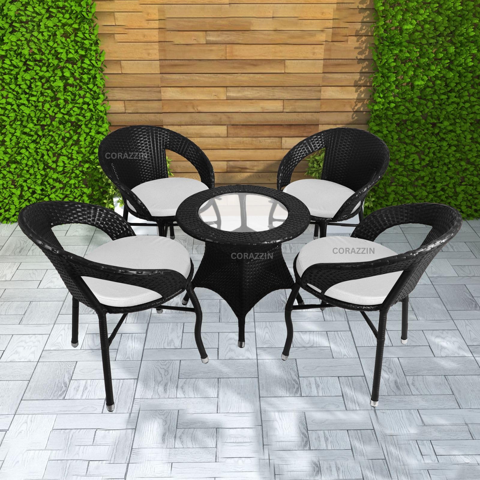 Sponsored Ad - Rattan Wicker Garden Patio Seating Chair and Table Set for Outdoor Balcony Garden Coffee Table Set Furniture with 1 Table and 4 Chairs with White Cushion (Black)