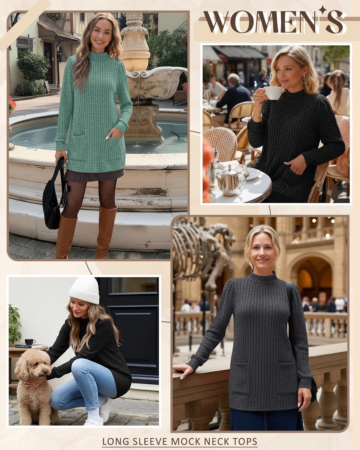 3 Pack Women's Long Sleeve Mock Neck Sweaters, Ribbed Knit Long Tops Turtleneck Loose Fit Tunic Shirt with Pockets - Image 4