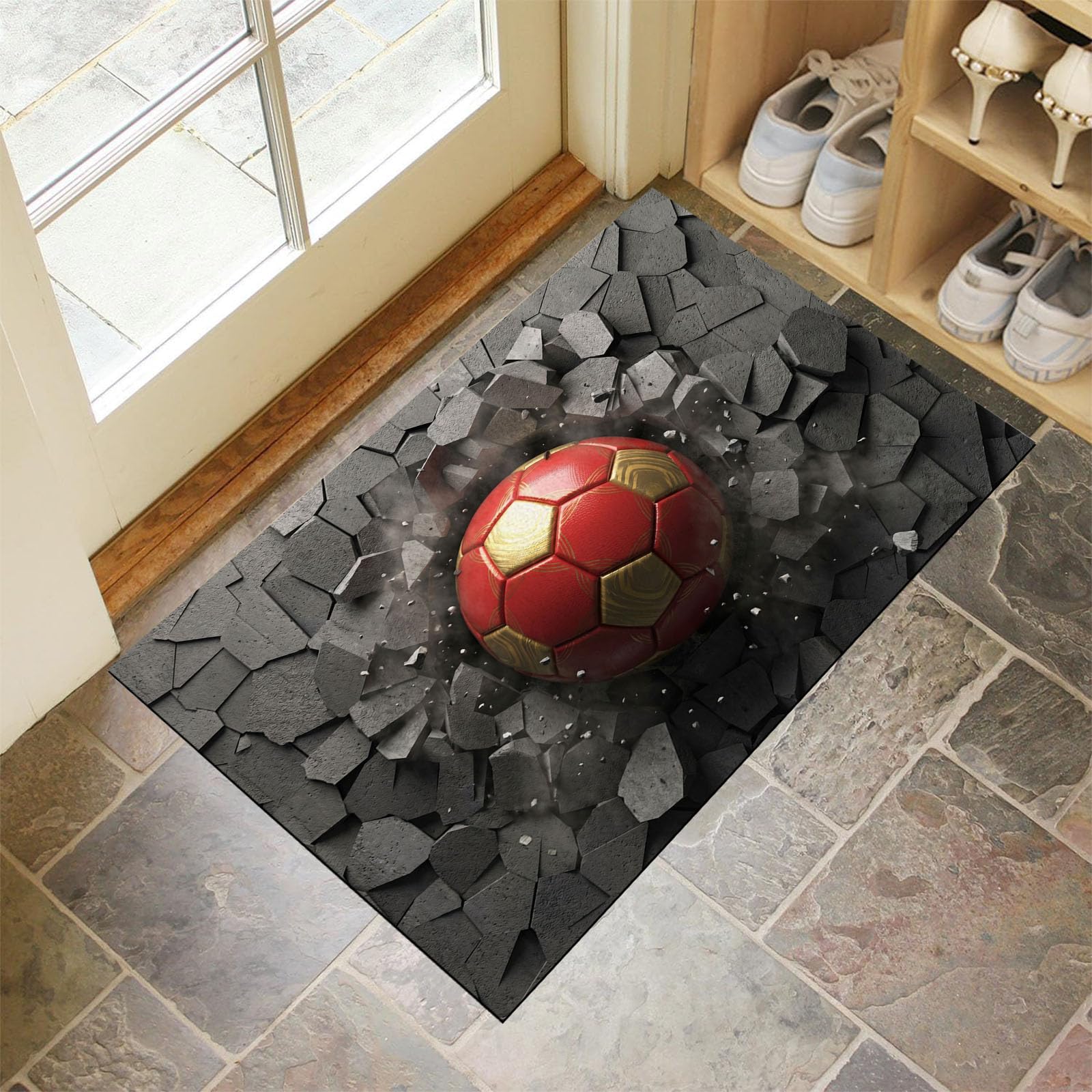 Schmutzfangmatte Innen, 3D-Fußballwandloch Waschbarer Fussmatte, Dünne Fussmatte, Erfrischende Fußballerleichterung Teppiche Niedriger Flor Rutschfest Für Flur Eingangsbereich, 90X150Cm, Anthrazit