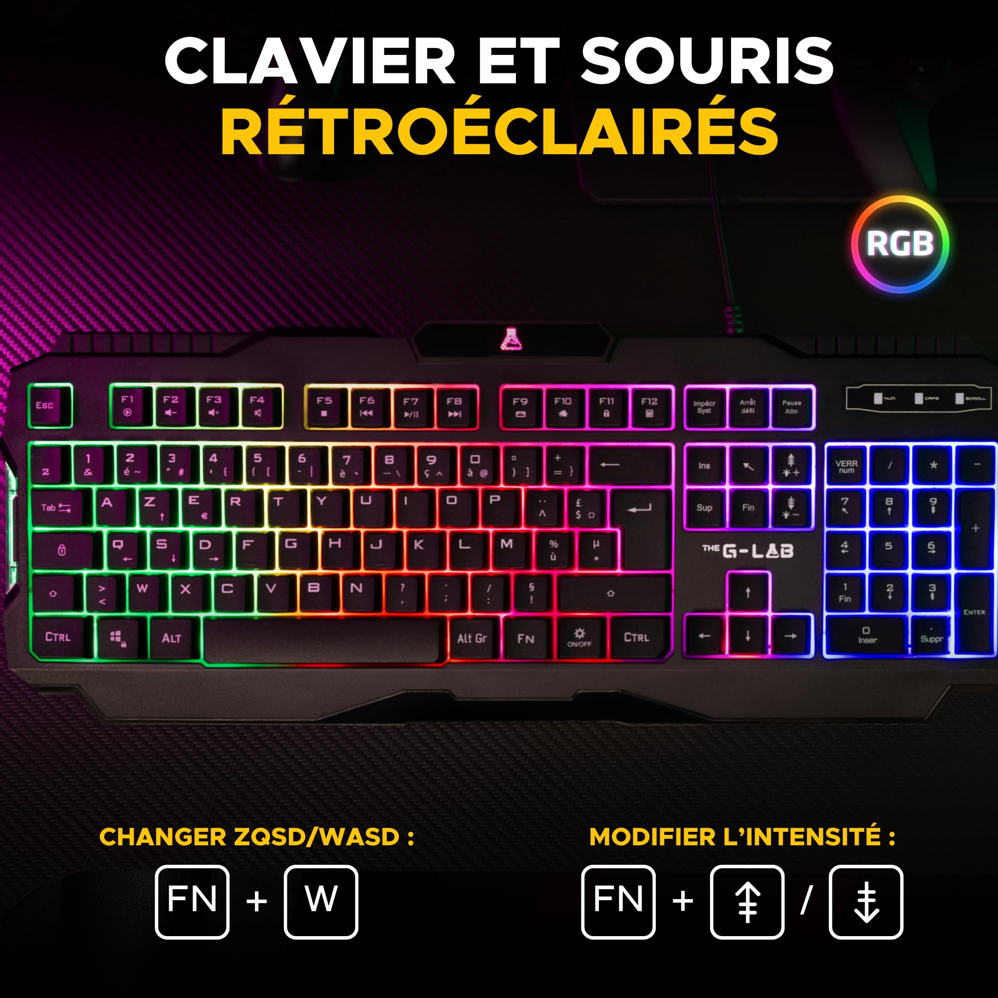 The G-Lab - Combo Hélium - Ensemble Gaming 3 en 1 - Clavier Gamer Azerty Rétroéclairé, Souris Gamer 6400 Dpi, Tapis De Souris Antidérapant - 6 Touches Anti-ghosting - Pack PC/PS4/PS5/XBOX