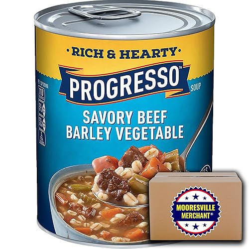 Progresso Rich & Hearty Savory - Sopa de verduras y cebada de ternera, 18.6 onzas líquidas, 4 latas con calcomanía Mooresville Merchant