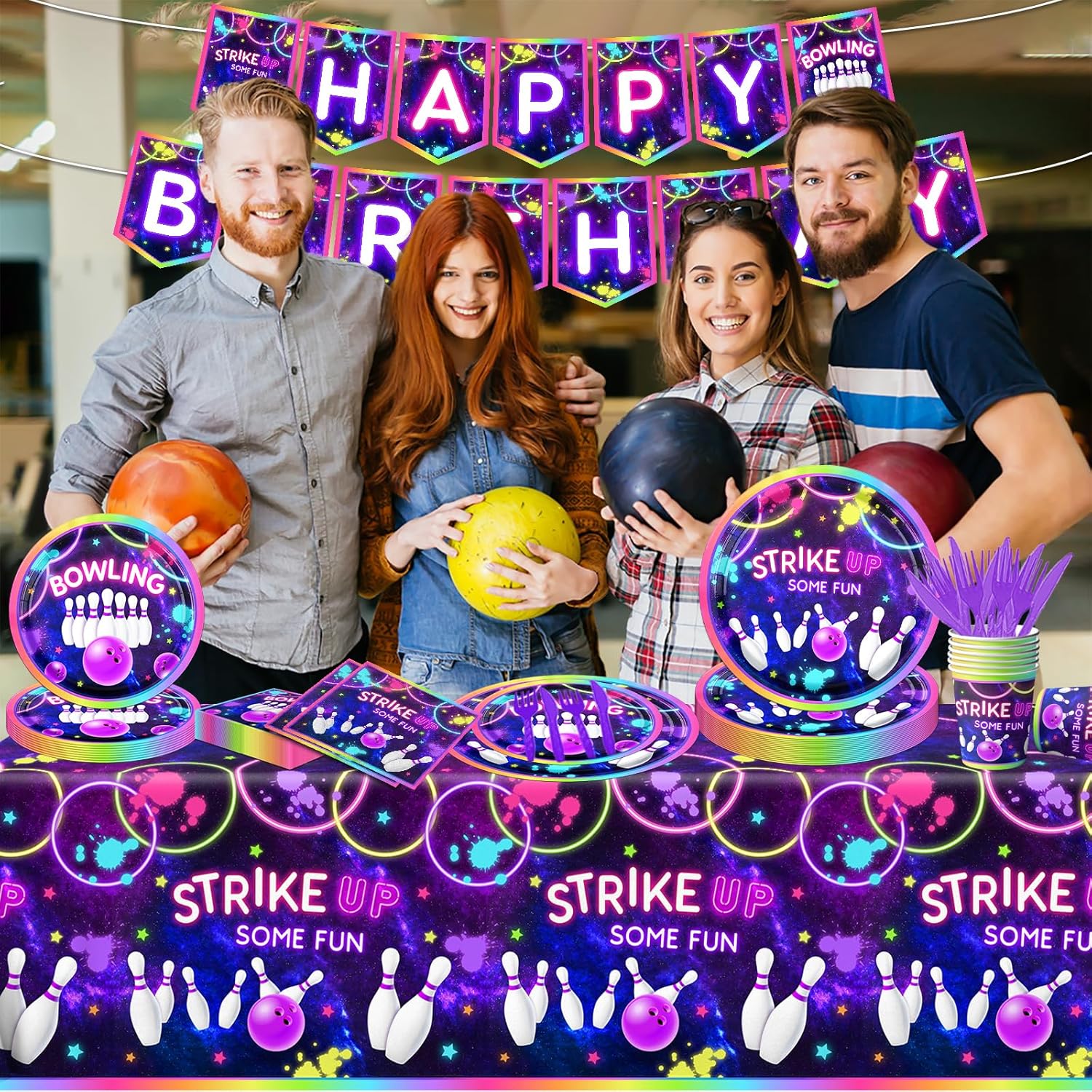 Bowling Birthday Tableware 142Pcs Let's Strike Up Some Fun Bowling Party Decorations Rainbow Neon Glow Girls Birthday Party Favors Disposable Plates,Tablecloth,Napkins,Cups,Forks and Knives