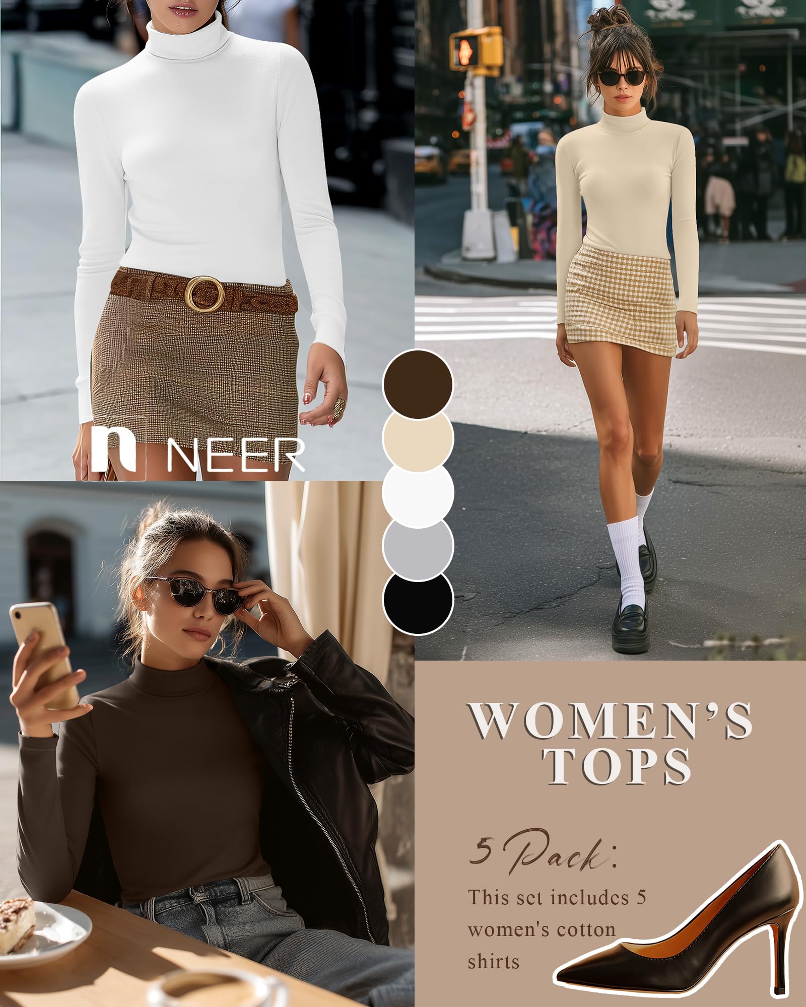 Neer Confezione da 5 magliette da donna a collo alto a maniche lunghe, in cotone termico, per autunno e inverno, confezione multipla