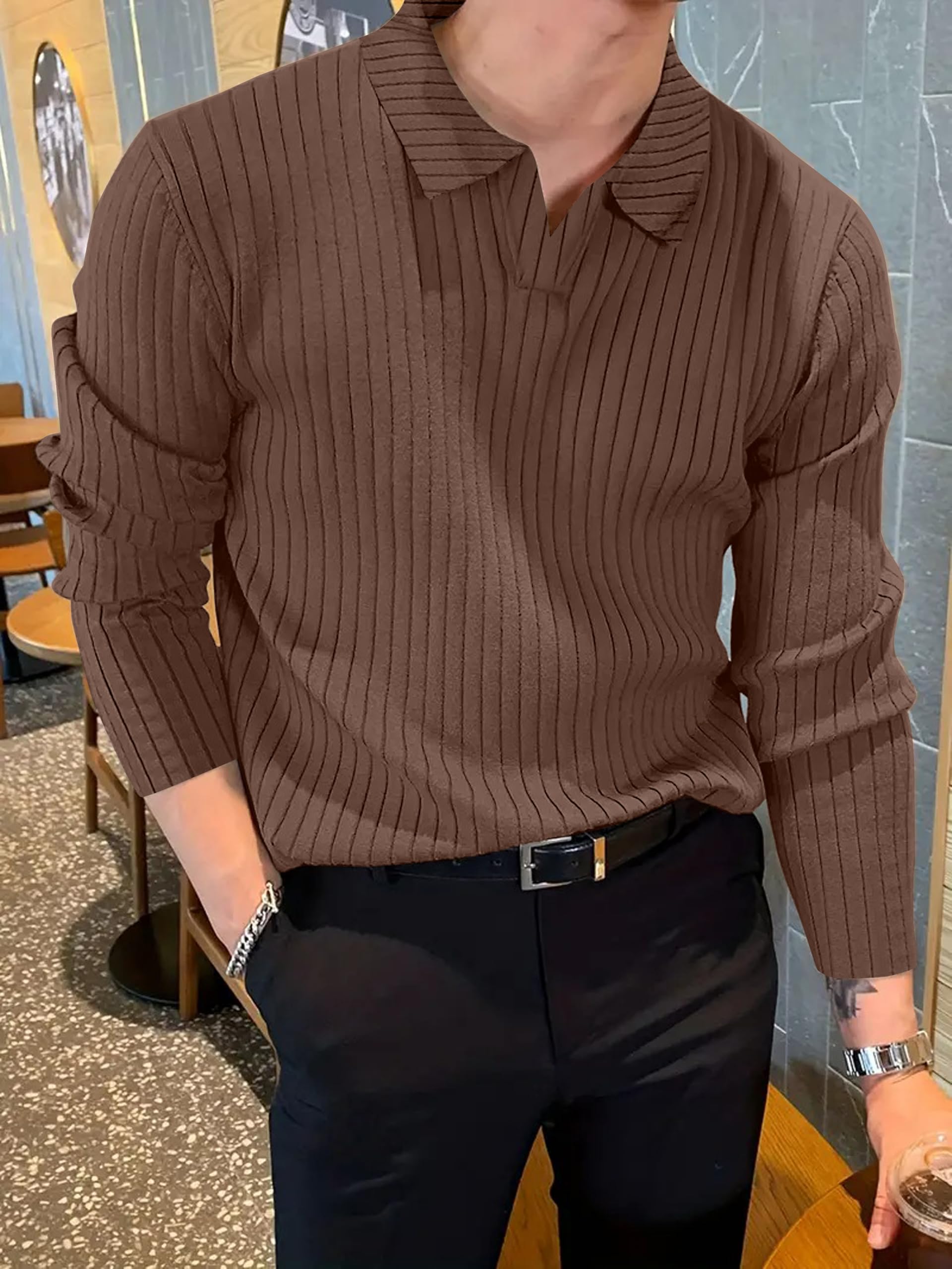 KAJARU Men's Ribbed Knit Polo T-Shirt, Long Sleeve (in, Alpha, M, Coffee) - Image 6 thumbnail