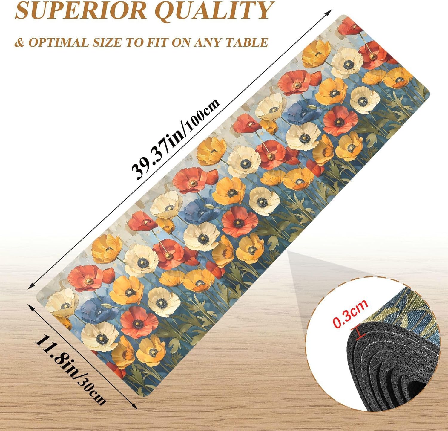 Flower Trivet Table Runner 40 Inches Long Vibrant Retro Flowers Heat Resistant Hot Pad Multi Purpose Mat for for Hot Pots Pans Kitchen Countertops