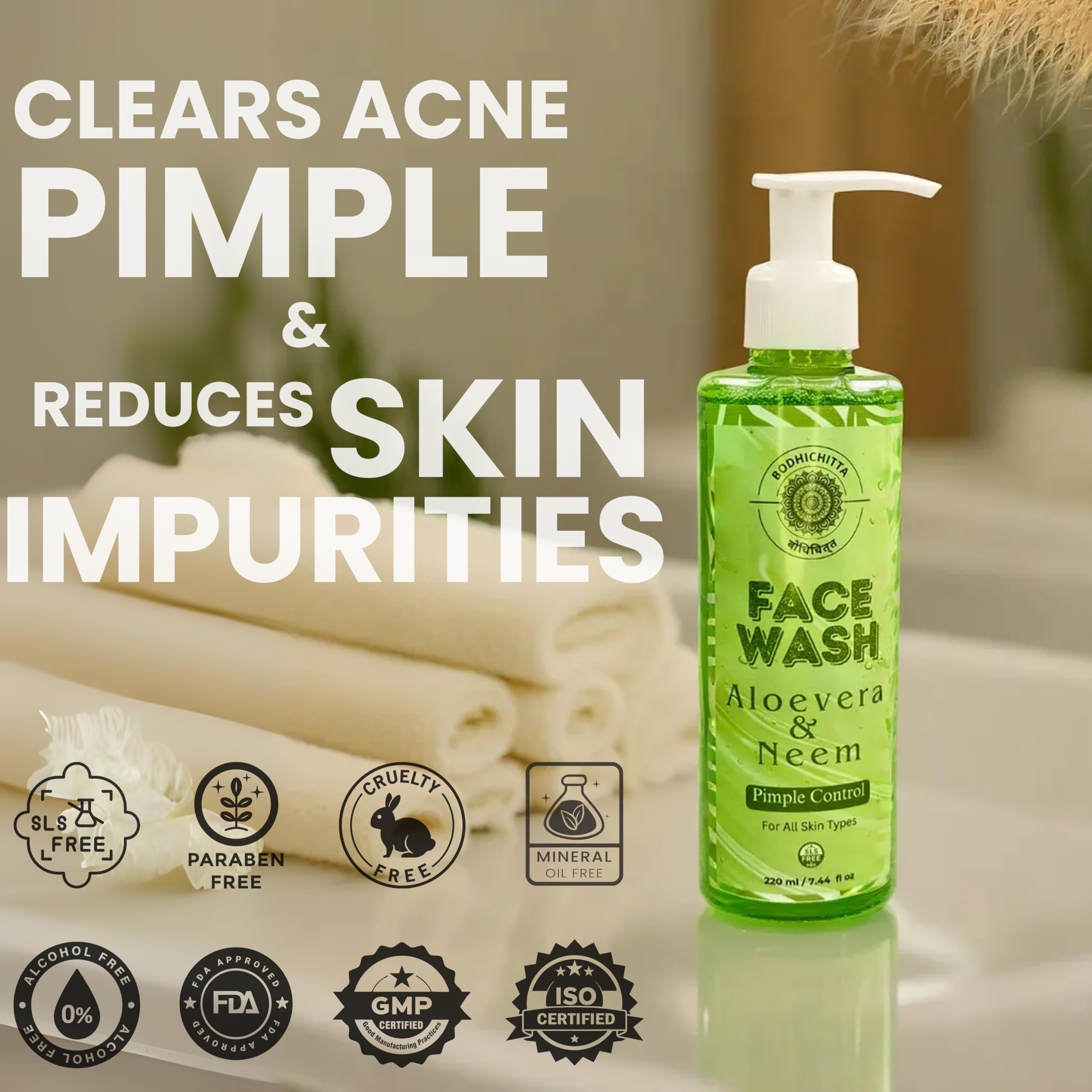 Bodhichitta Aloe Vera & Neem Face Wash β Gently Cleanses, Controls Pimples & Enhances Natural Glow for Healthy Looking Skin (220ml) 1