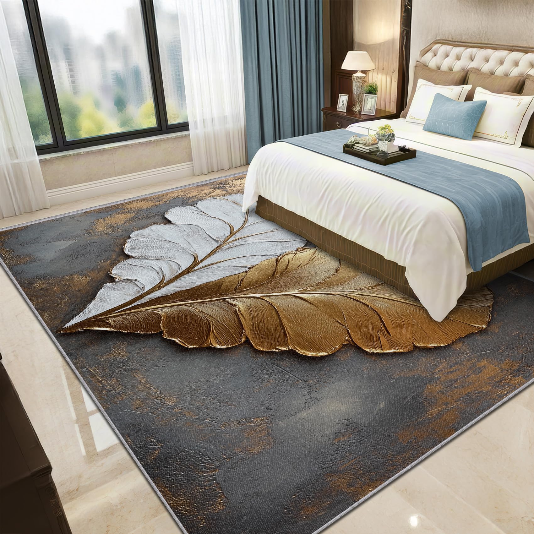 3D Effekt Teppich Waschbar, Modern Luxus Blatt Teppich 80x150 cm, Herzn Kunst rutschfest Waschbar Pflegeleicht Teppiche Für Schlafzimmer Küche, Grau Weiß Gold