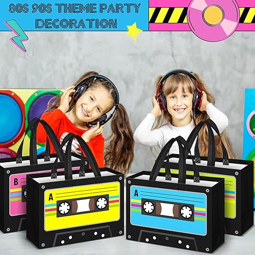 Miniatura 7 de WILLBOND 32 bolsas de recuerdos de fiesta de los años 80 y 90 de 12.2 x 8.3 pulgadas, reutilizables, no tejidas, bolsas de comestibles con asas,