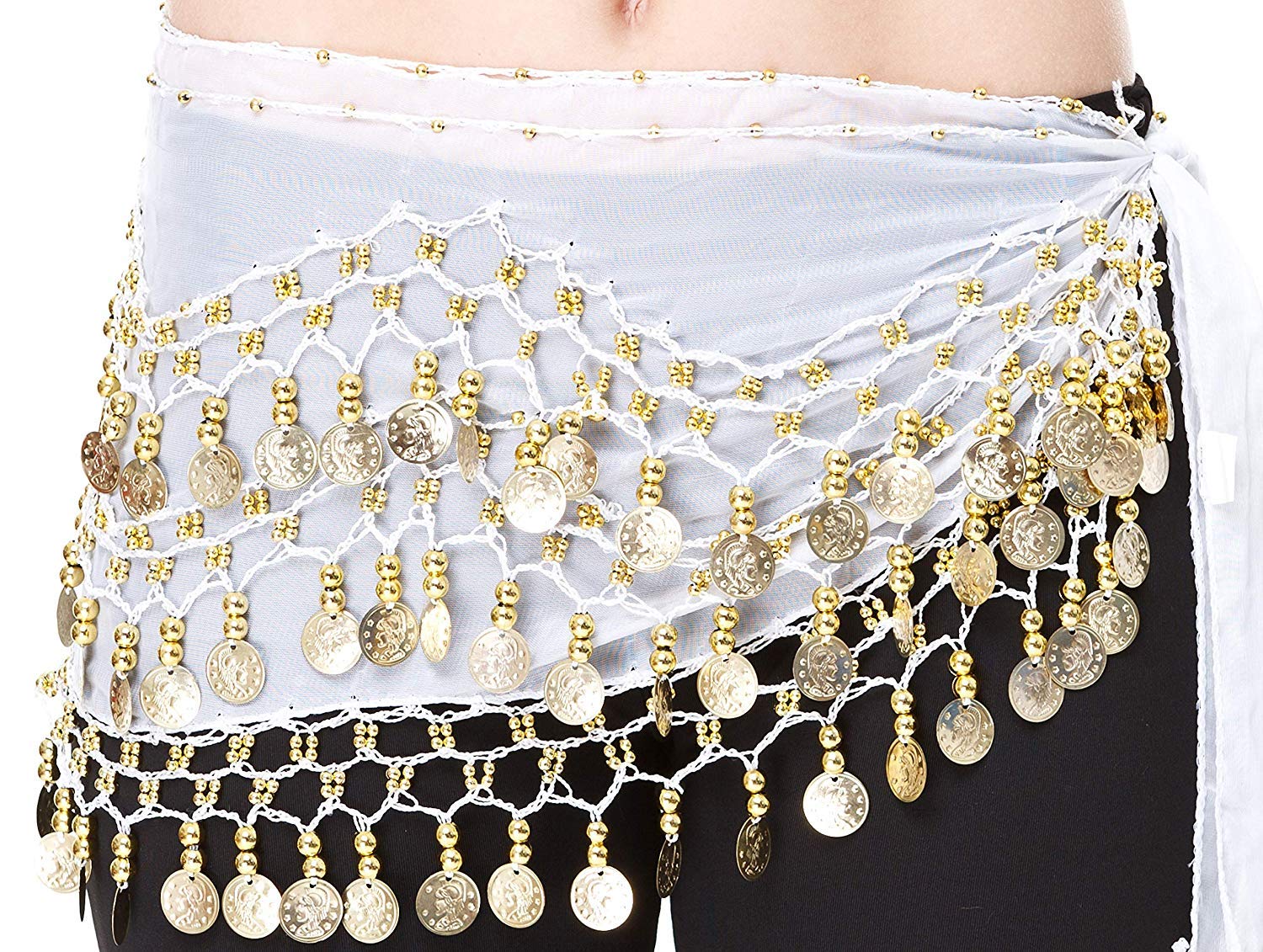 Mszsa Women's White 3 Rows Belly Dance Hip Scarf Wrap Belt Dancer Skirt Costume Coins (White)