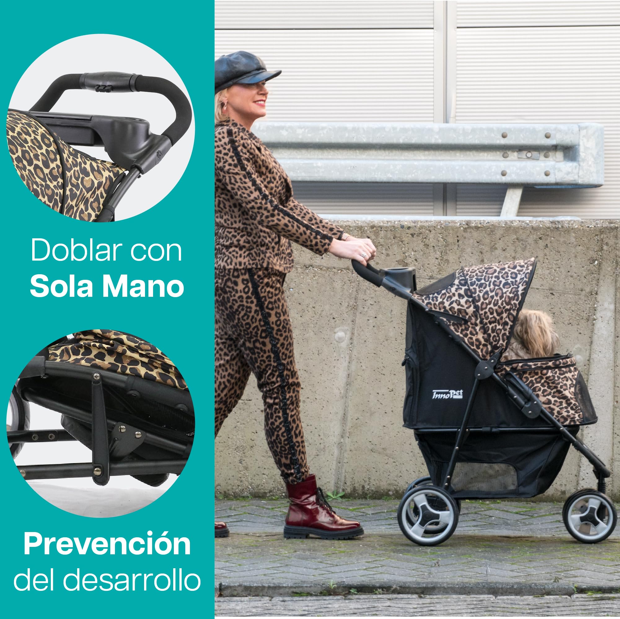 Innopet Carrito Allure Cheetah - Cochecito con estampado de leopardo, ruedas antipinchazos, plegado rápido, hasta 20kg, con cesta y 2 correas de seguridad