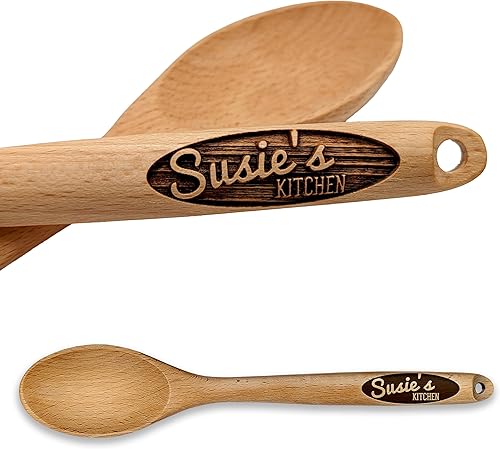 Cuchara de madera grabada personalizada - Nombre personalizado y escritura de cocina | Regalo de madera de haya maciza para cocinar y hornear
