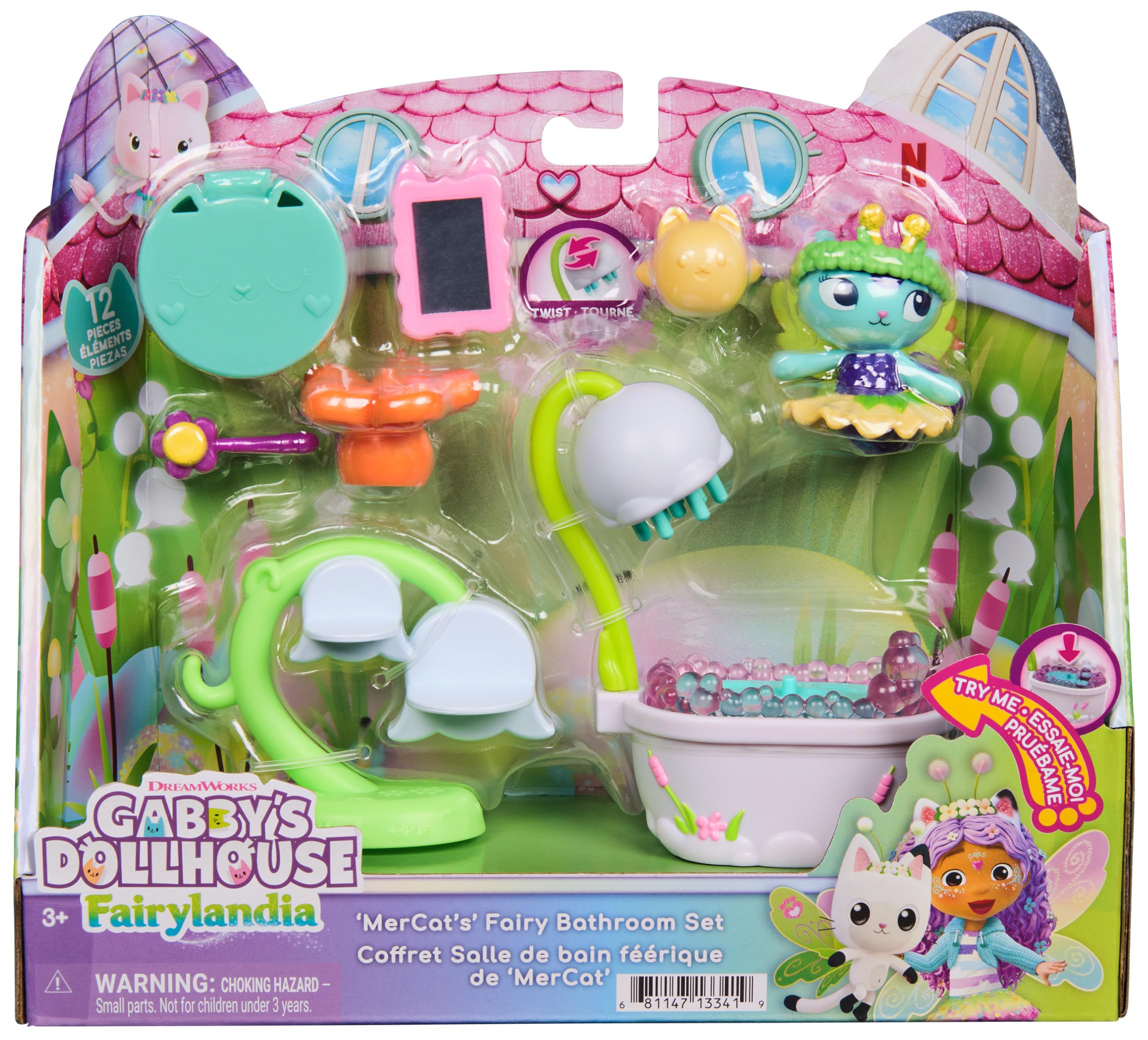 DreamWorks Gabby's Dollhouse Fairylandia MerCat's Fairy Bathroom 12-Piece Set with Moving Bubbles and Spinning Chair, Pretend Play Toys and Doll House Accessories for Kids, Ages 3+