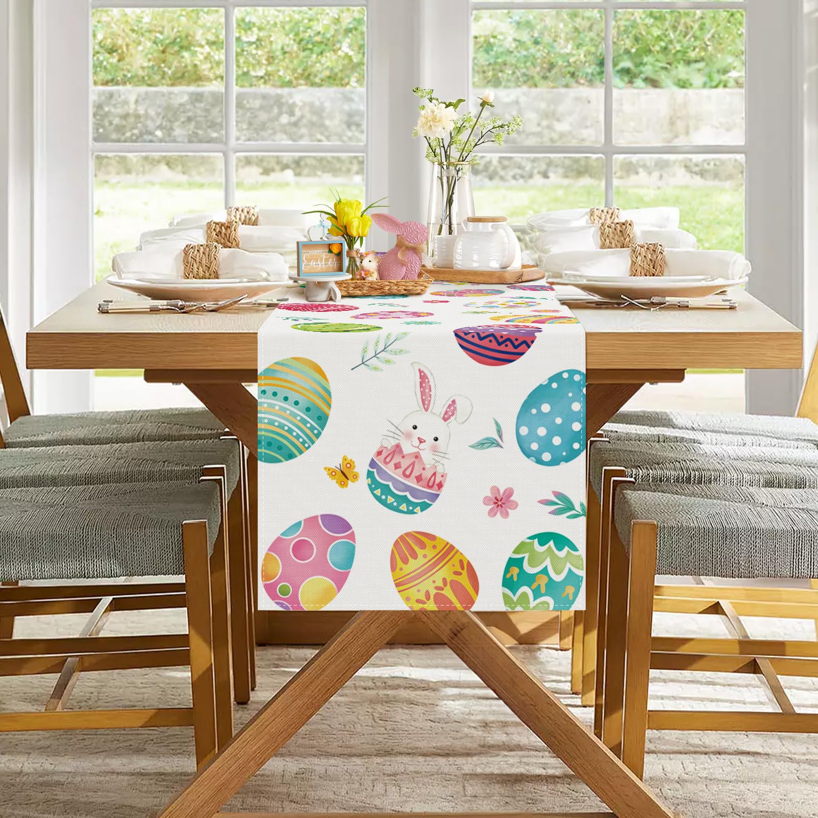 Runner Da Tavolo Pasquale In Lino - Stampa Coniglietti, 33x183cm, Decorazione Casa