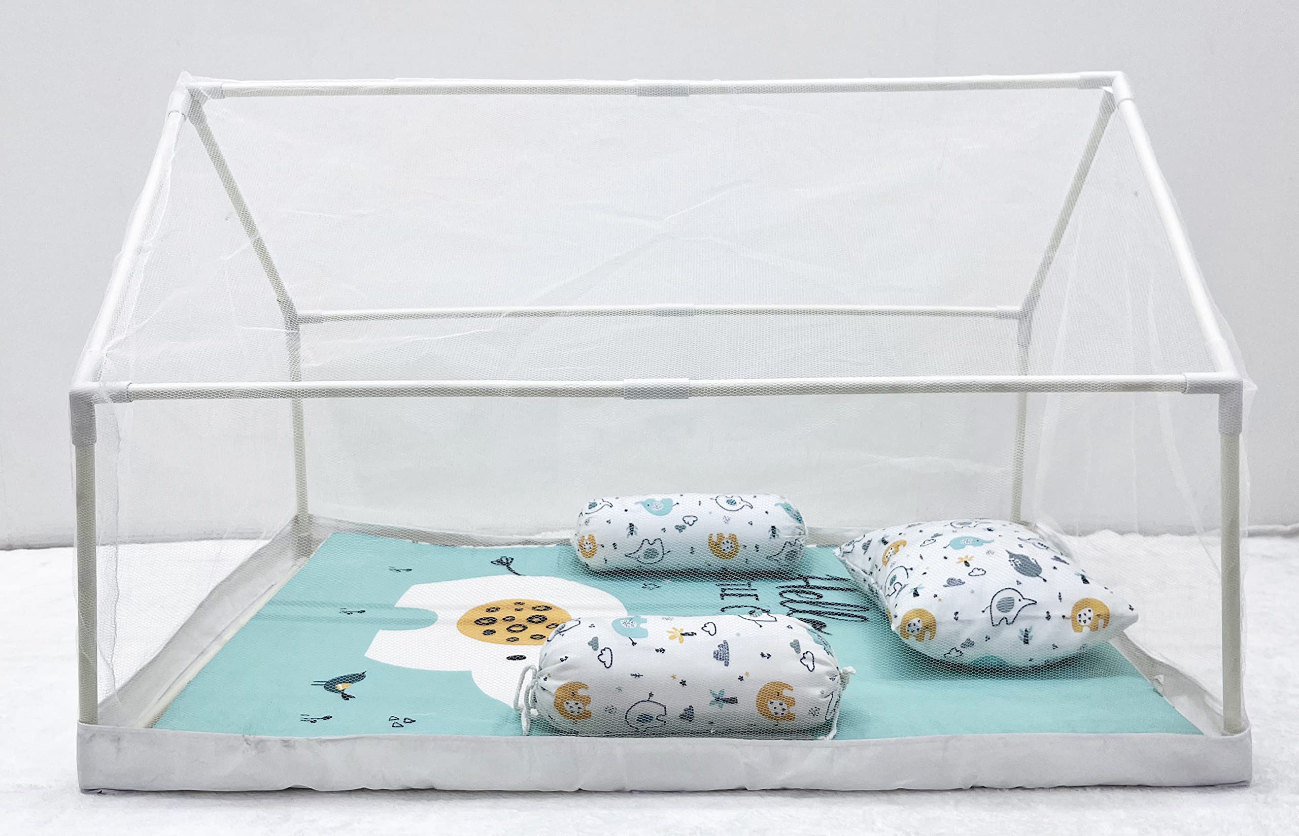 NEW COMERS®Baby Bedding Set for New Born Cotton 5 Pieces Foldable Set with Pillow,Bolsters and Tent Mosquito Net|Infant Playmat and Cot|Toddler Mattress -86X51 cm(0-18 Month)-305 2