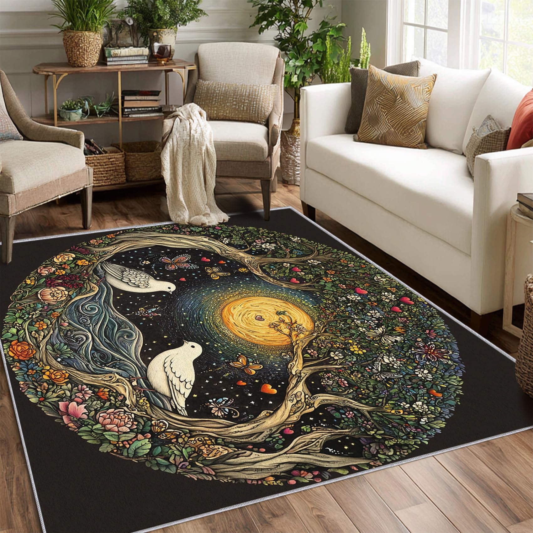 Tree of Life Rug 4x5 Bedroom Bird Floral Moon Pattern Washable Area Rugs for Living Room Tree of