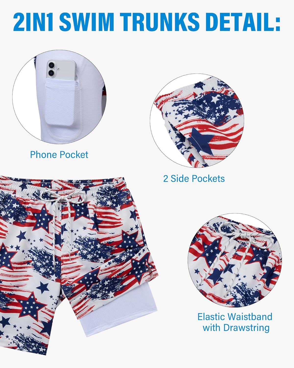 Gleeease Mens Swim Trunks Mens Bathing Suit 9 inch with Compression Liner Pocket Quick Dry Stretch 2-in-1 American Flag Beach