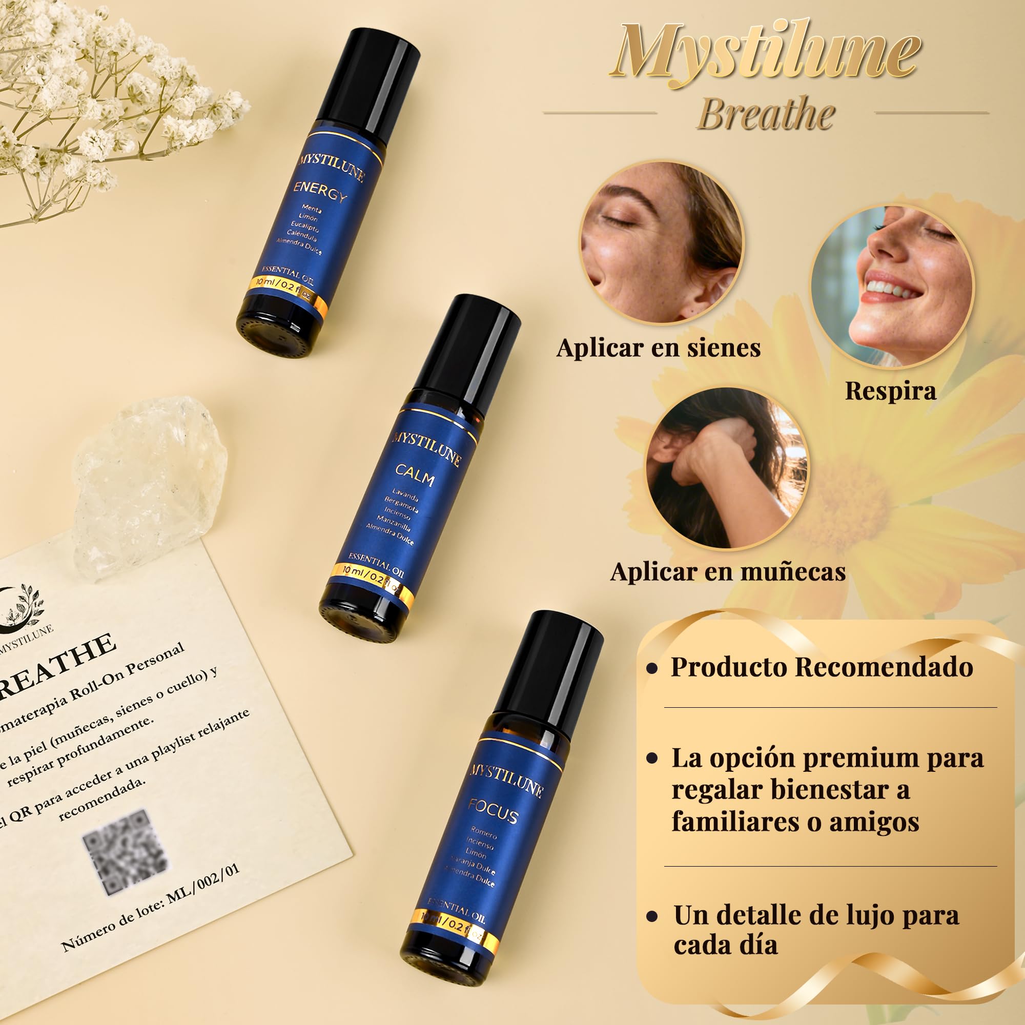 Breathe Roll On Aceites Esenciales – Calm, Focus Y Energy | Aromaterapia Natural 100% Vegana Con Pouch Premium | Regalos Originales para Mujer