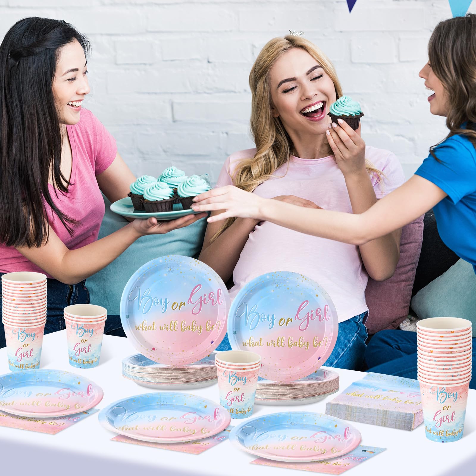 Hushee 200 Stück Geschlechtsoffenbarung Babyparty Pappteller Servietten Becher Babyparty Partyzubehör Geschirr-Set Einwegbecher Serviette für 50 Gäste Party Dekoration