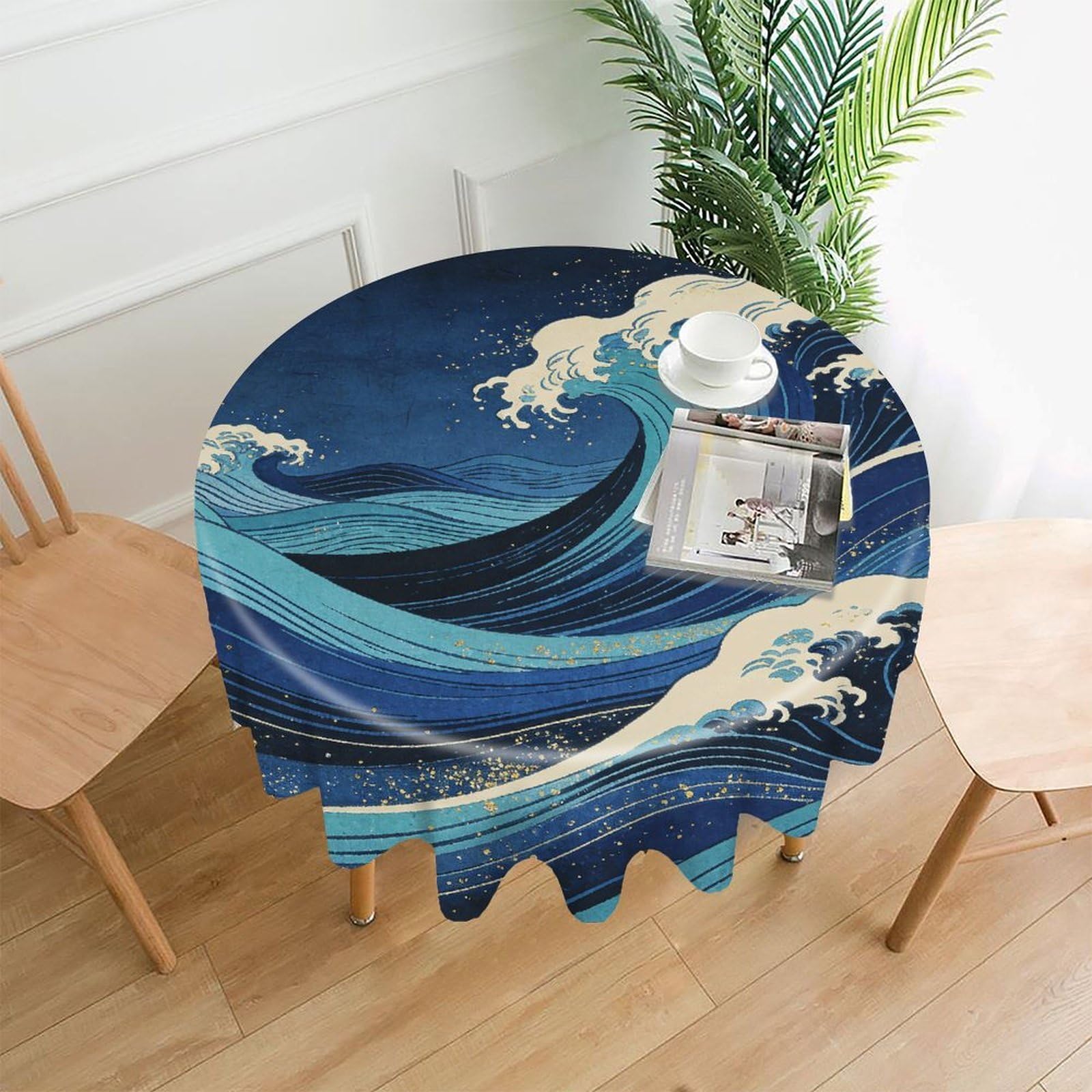 LZQPOEAS Japanese Art Wave Tablecloth Easy to Clean Polyester Round Table Cover Washable Round Table Cloth Wrinkle-Free Circle Decoration Tablecloth for Kitchen and Dining Room 60"