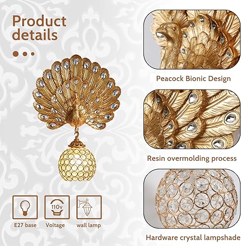 Miniatura 5 de Moderno aplique de pared dorado de dos lámparas LED de pavo real con pantalla de cristal, base E27, aplique de pared inalámbrico, lámpara de pared