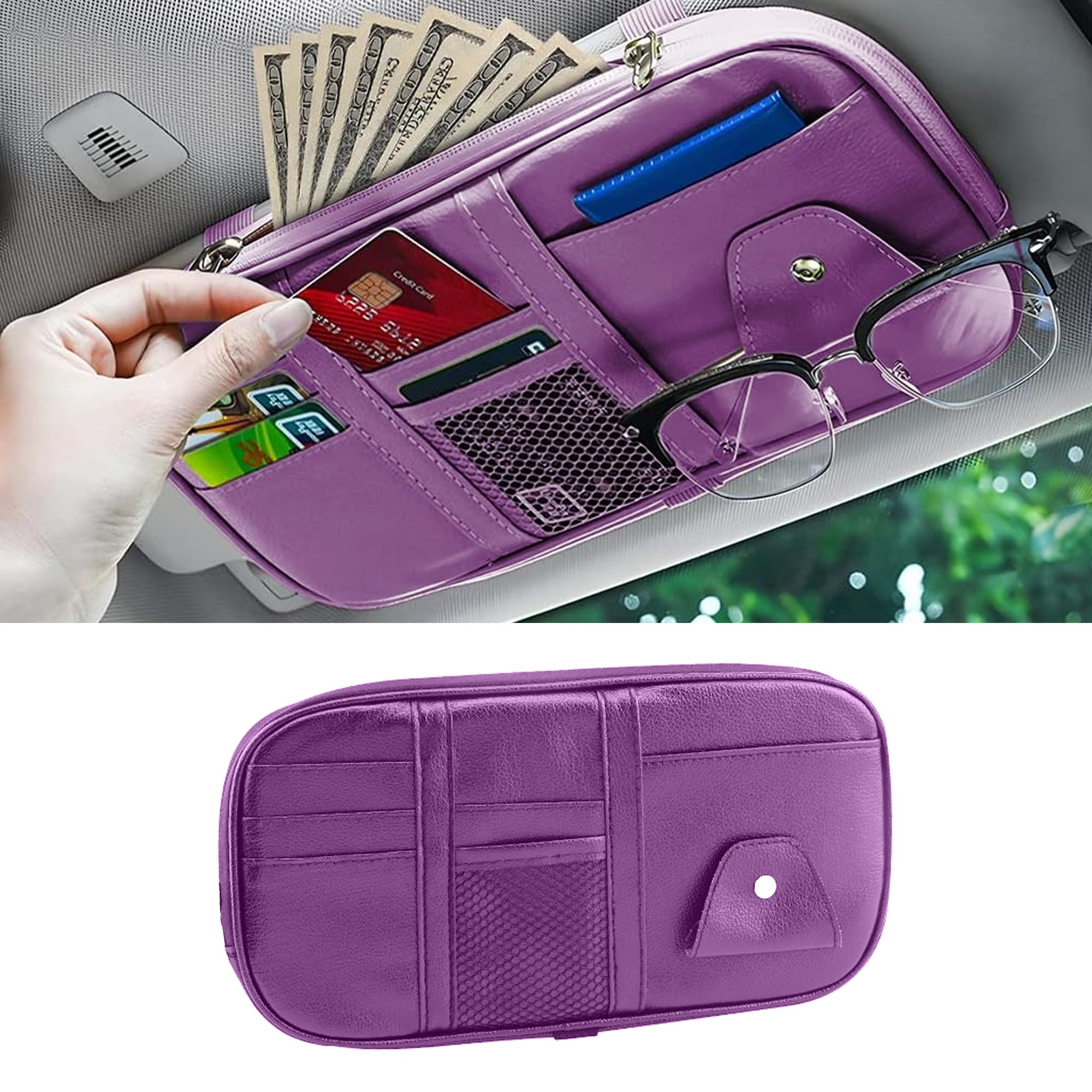 Honibaoto Car Sun Visor Organizer, Sunglass Holder and Storage Pocket, Card Cash Pouch with Multi-Pocket Net Zipper, Case Bag for License Pen Key,