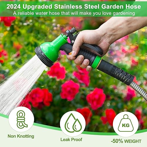 Miniatura 3 de Manguera de jardín de metal de 100 pies, manguera de agua de acero inoxidable a prueba de fugas con boquilla rociadora de 10 funciones, accesorios