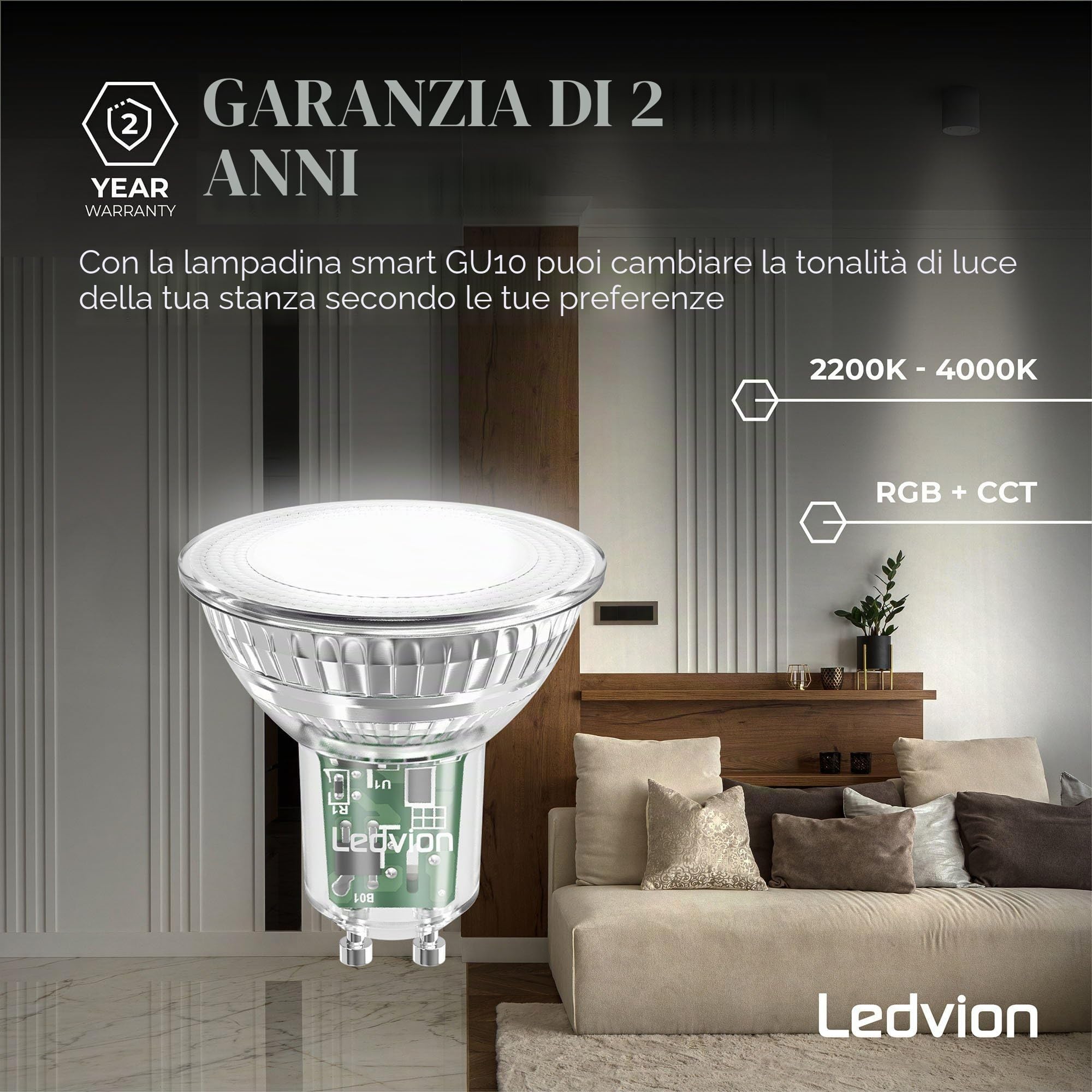 Ledvion - 10X Smart RGB+CCT GU10 LED Spot, 5W, 345 Lumen, Dimmerabile, Wifi-Illuminazione, Wifi-luce, Alexa & Google Home